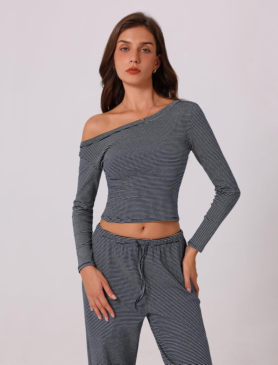 ABOCIW Women's 2 Piece Sets Fall Outfits Striped Off Shoulder Long Sleeve Top Wide Leg Pants Tracksuits Lounge Sets - Image 6