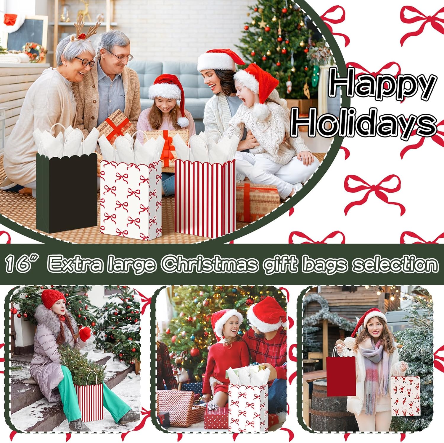 Yexiya 24 Pcs Christmas Paper Gift Bags 3x6x8 Inches Bow Tie Christmas Kraft Gift Bags with Handles Reusable Xmas Goodie Sacks with Handle for Holiday Wrapping Present
