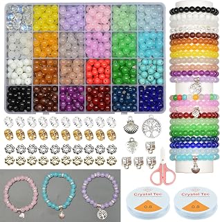 570PCS Glass Beads for Jewelry Making 8mm Turquoise 24 Colors Crystal Beads Bracelet Making Kit Loose Round Gemstone Stone Spacer Chakra Energy Healing Beads Bulk DIY Crafts (Kit A)