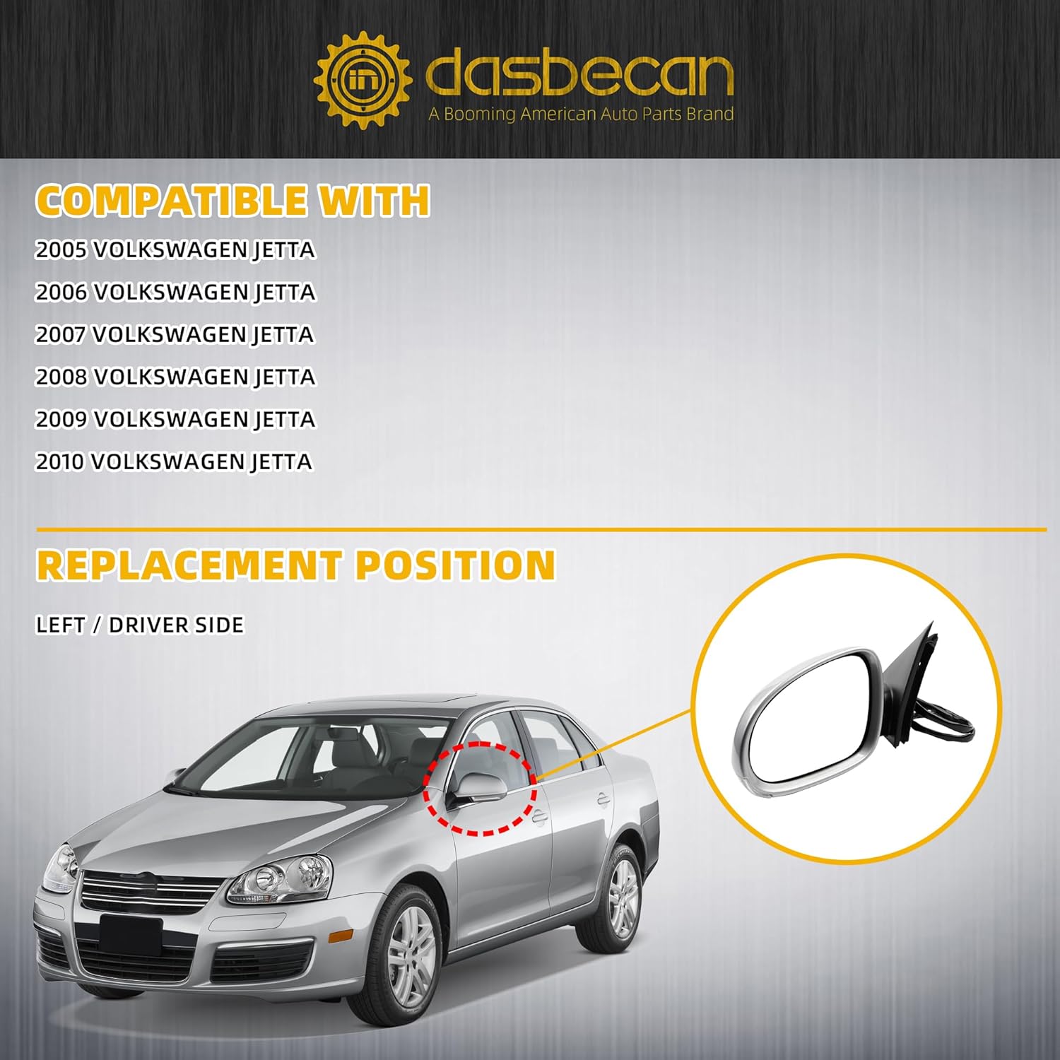 Dasbecan Driver Side Mirror Compatible with 2005-2010 Volkswagen Jetta Left Door Mirror With Turn Signal Light Manual Folding Power Heated Adjustment Glass Silver Gray Cover Replace# 8610332 (7pin)