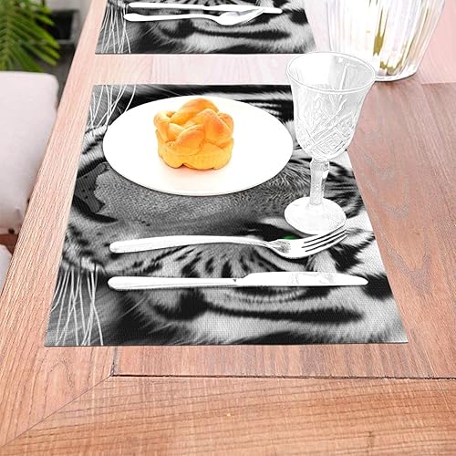 Miniatura 3 de Juego de 6 manteles individuales de PVC en blanco y negro, diseño de tigre con ojos verdes, antideslizantes, 12 x 18 pulgadas, juego de manteles
