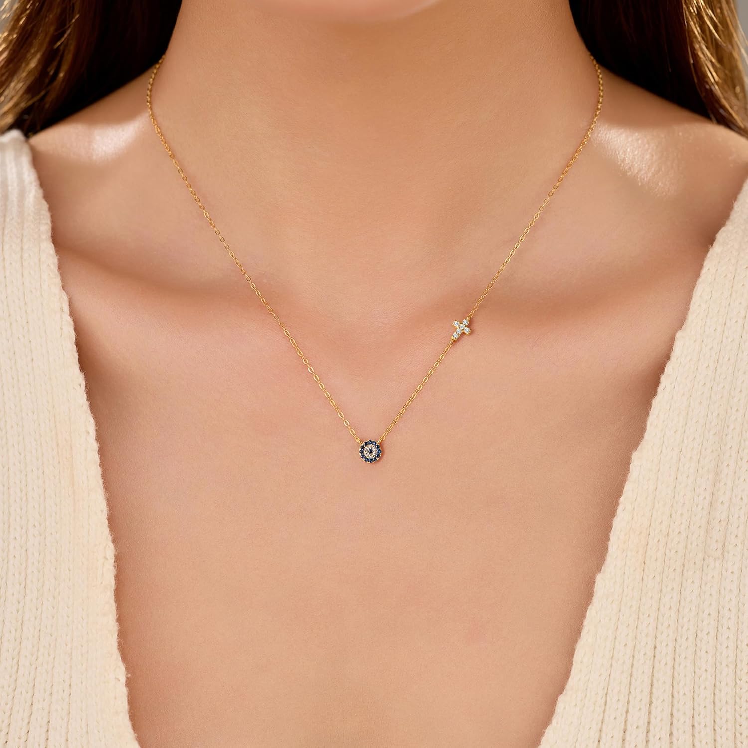 SUYACS Gold Evil Eye Necklaces for Women 925 Sterling Silver Small Cross Pendant Necklace Blue Cubic Zirconia Eye Charm Chain Christian Baptism Religious Faith Jewelry Christmas Gifts for Mom - Image 3