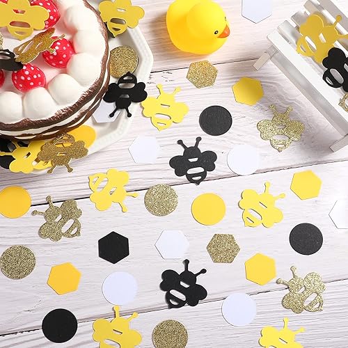 Miniatura 6 de 410 piezas de purpurina dorada de abeja, amarillo y negro, confeti hexagonal circular de panal para fiesta temática de abeja, baby shower