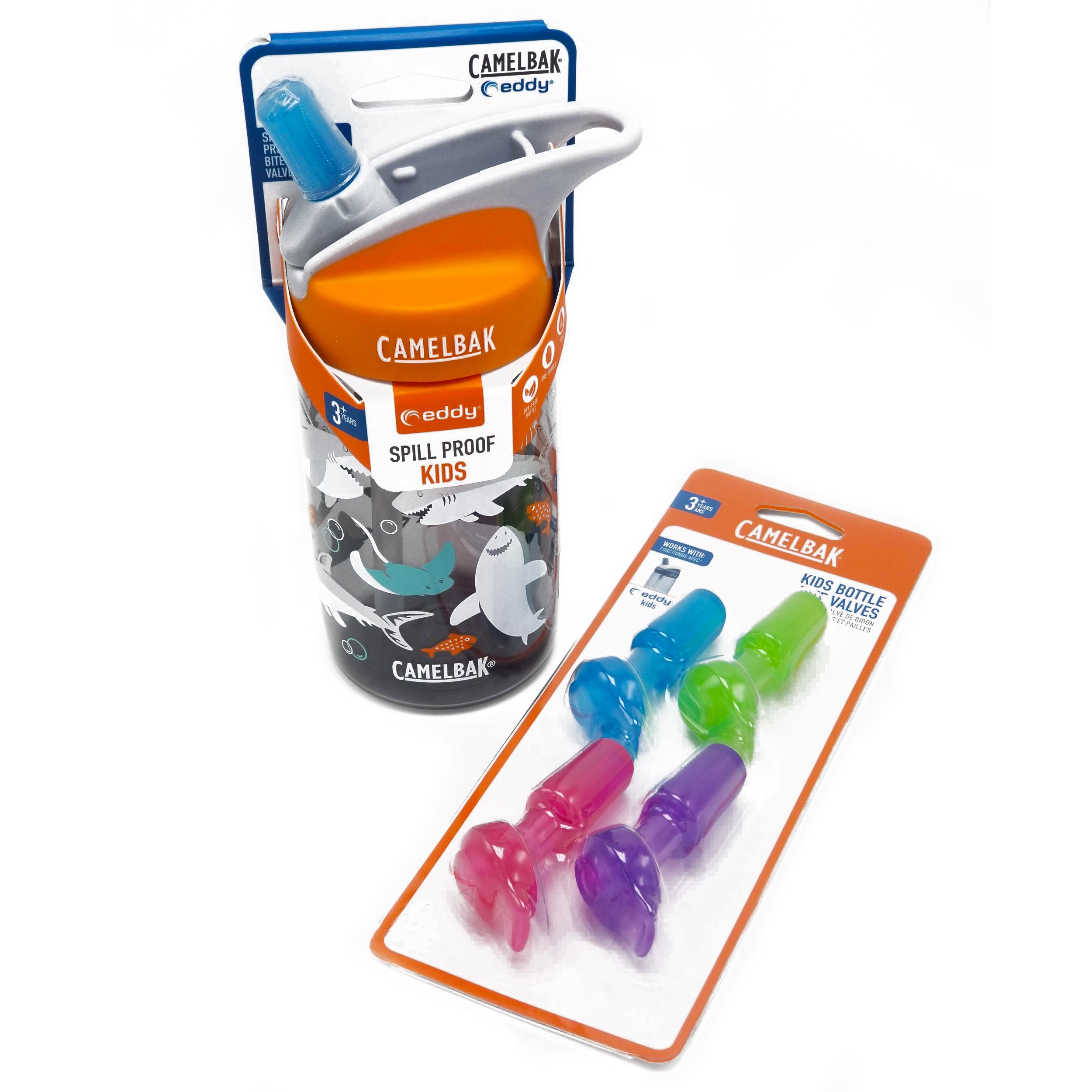 Camelbak Eddy Kids 12oz Water Bottle (Gray Sharks) Bundle with 4-Pack Colored Bite Valves