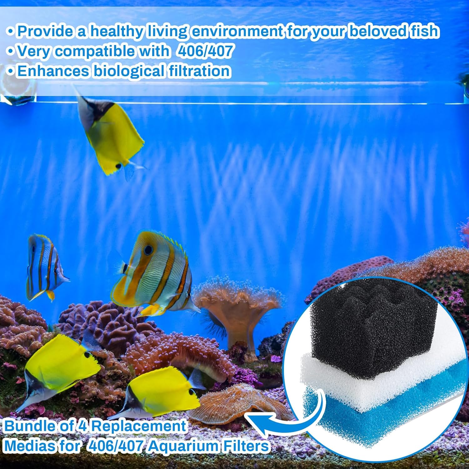 Threlaco 18 Pcs Bio Sponge Set Compatible with Fluval 406/407 Aquarium Filters Compatible with Aquarium Filters Including Blue White Black Bio Sponge for Replacement Filter Media Kit