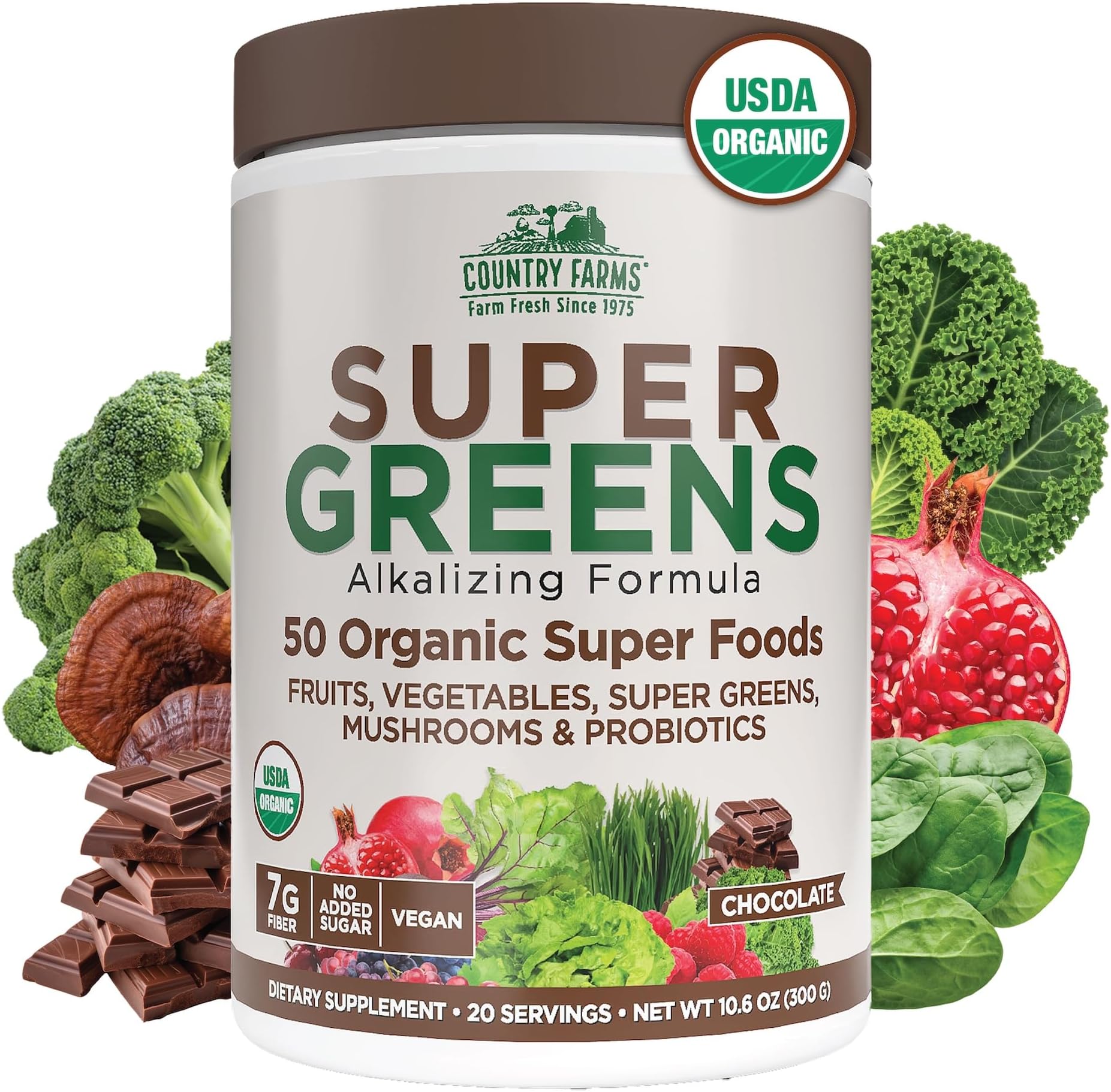 Super Greens Chocolate Flavor, 50 Organic Super Foods, USDA Organic Drink Mix, Fruits, Vegetables, Super Greens, Mushrooms & Probiotics, Supports Energy, 20 Servings, 10.6 Oz