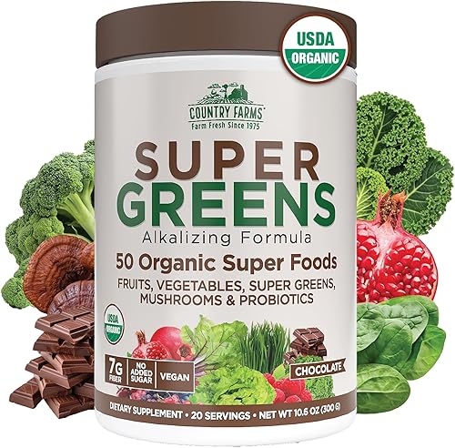 Miniatura 14 de Country Farms Super Greens sabor a bayas, 50 súper alimentos orgánicos, mezcla de bebida orgánica USDA (pasto de trigo, espirulina, chlorella)