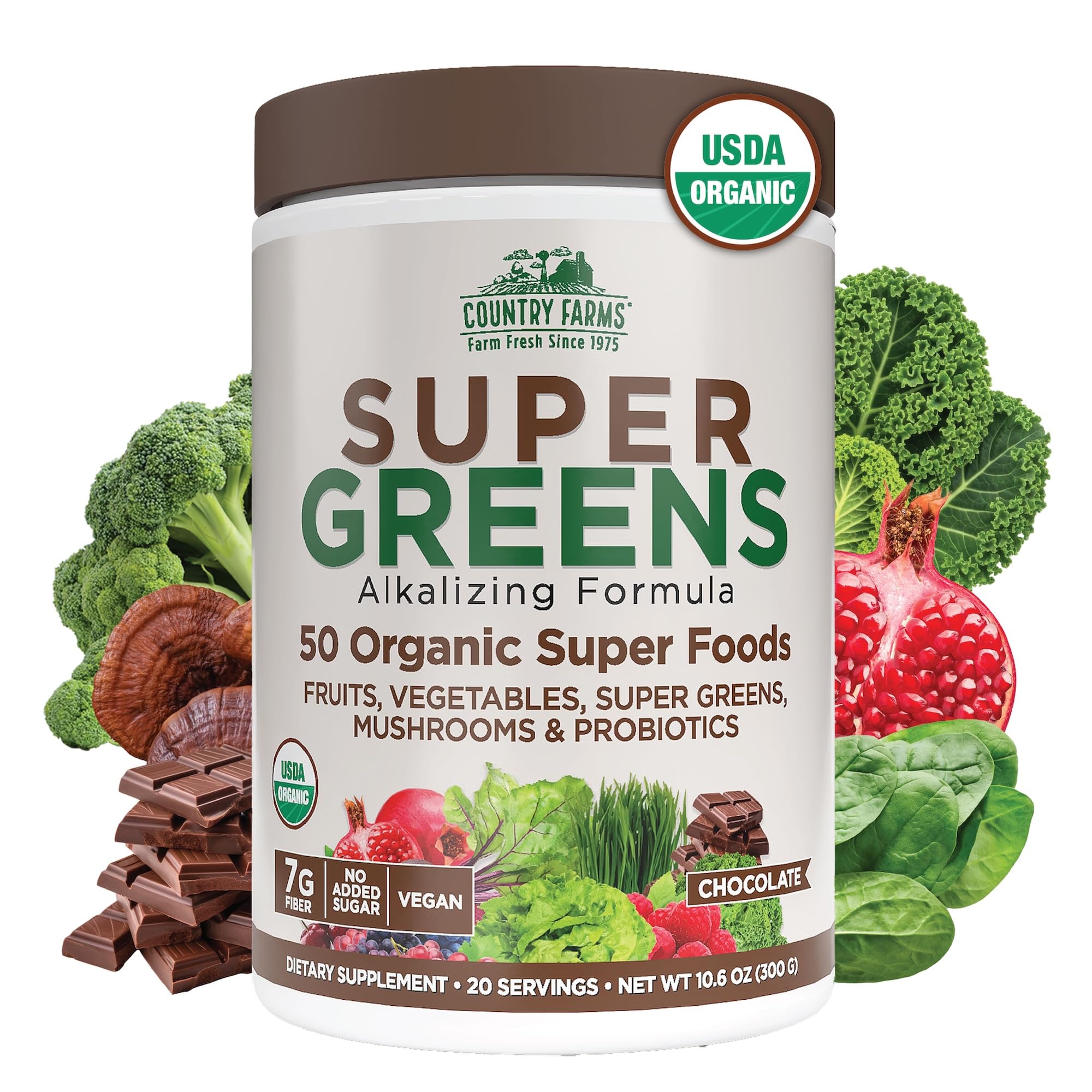 COUNTRY FARMS Super Greens Chocolate Flavor, 50 Organic Super Foods, USDA Organic Drink Mix, Fruits, Vegetables, Super Greens, Mushrooms & Probiotics, Supports Energy, 20 Servings, 10.6 Oz