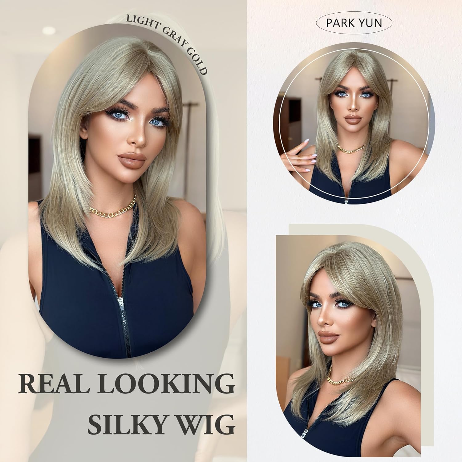 PARK YUN 22IN Light Blonde Layered Straight Wigs with Curtain Bangs Shoulder-Length Synthetic Wig for Women Natural Looking Heat Resistant for Daily Party Use