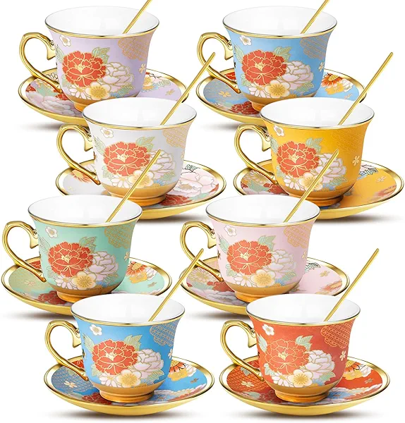 XRBEOU 8 Set Tea Cups and Saucers, 8 OZ Floral Porcelain Cup and Saucers Set for Latte Cappuccino Espresso Mocha Afternoon Tea Birthday Wedding Party Supply Christmas Gift