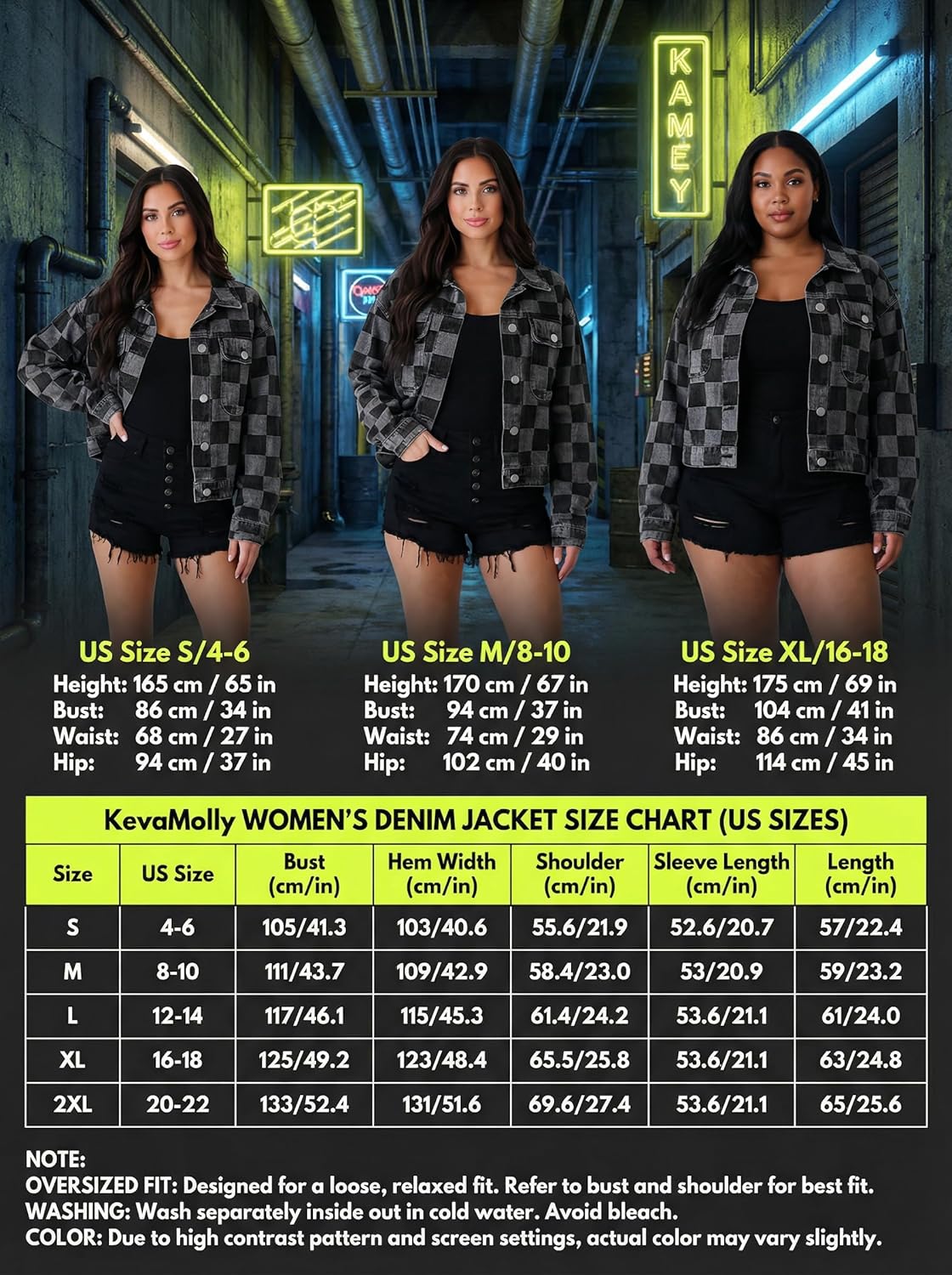 KevaMolly Womens Checkered Denim Jacket Oversized Short Trucker Coat with Button Down Long Sleeve for Casual Streetwear - Image 4