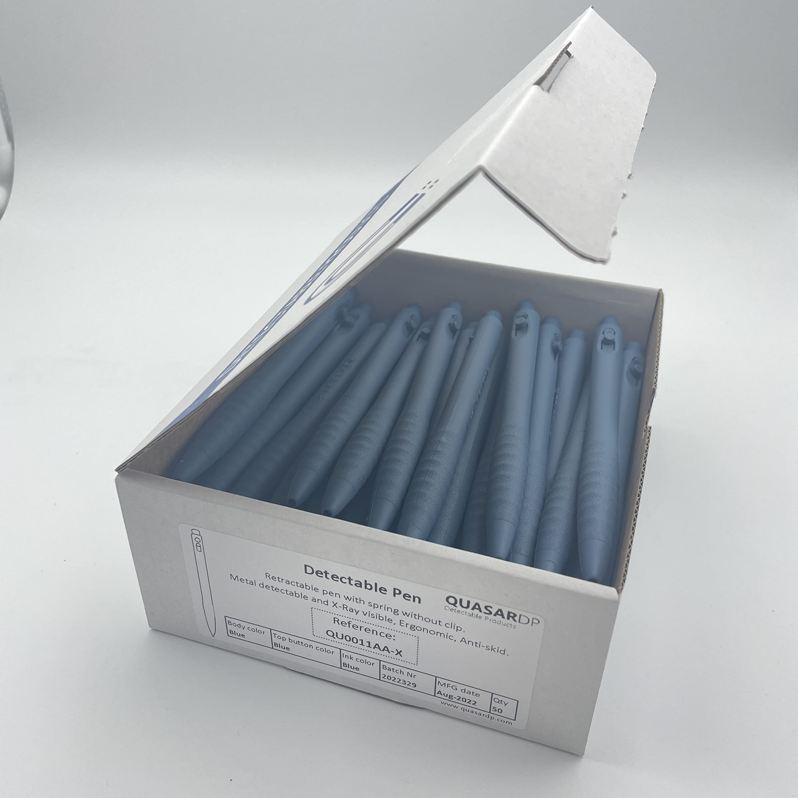 Bolígrafo detectable retráctil sin clip tinta azul, QUASARDP, modelo QU0011AA, apto para industria alimentaria, antideslizante, ergonómico. Pack 50 unidades