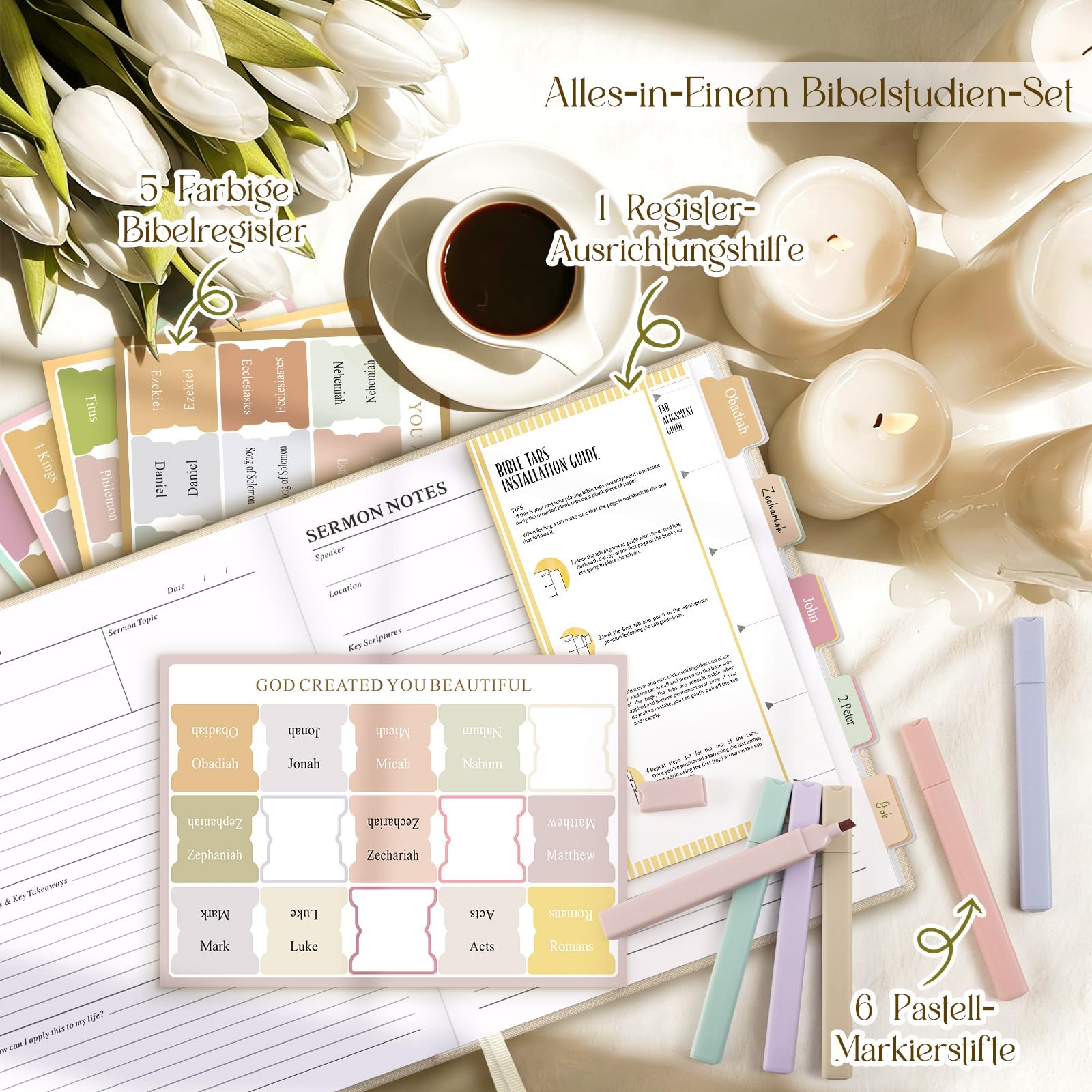 Lanpn Bible Study Journal Geschenke für Frauen, Bibel Studien Gebetstagebuch mit Textmarker & Aufklebern, Biblische Andachtsnotizbuch Christliche Kirchennotizen, Beige, Englisch