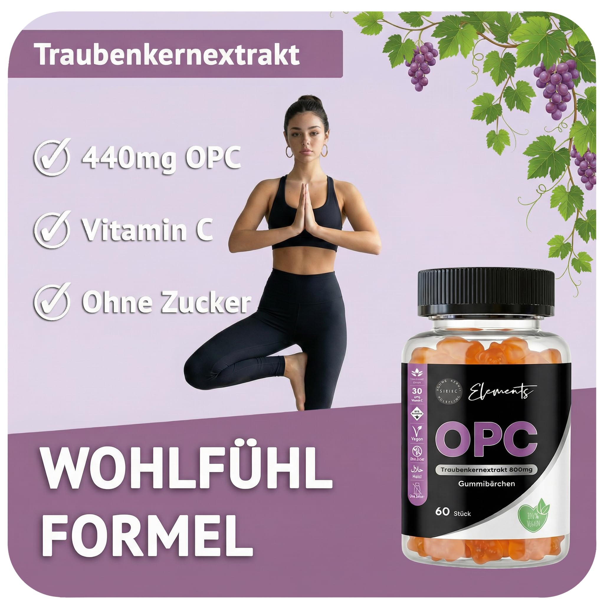 OPC – Traubenkernextrakt 800 mg Gummibärchen mit Vitamin C – 60 Stück – Hochdosiert, Vegan, Glutenfrei, Halal – Antioxidativer Zellschutz & Immunsystem-Unterstützung – Asbirg Elements