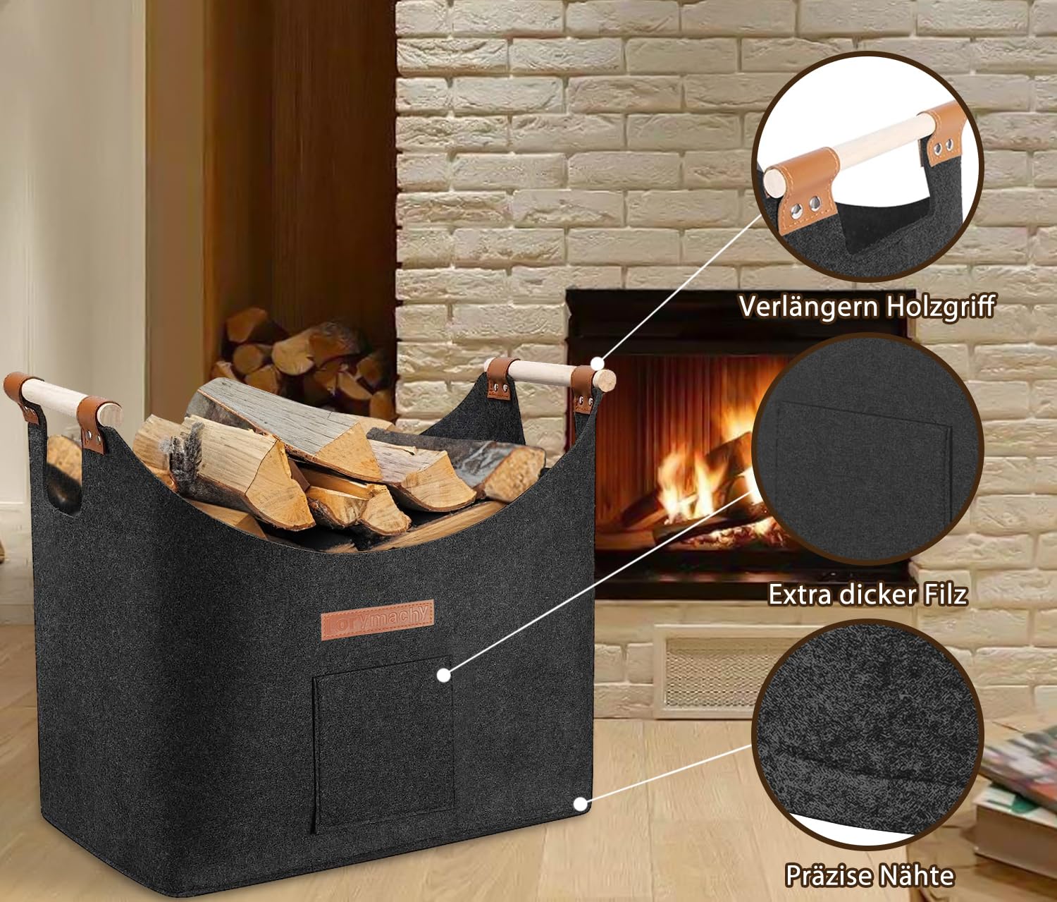 Panier à Bûches XL En Feutre - 55L Pliable, Rangement Bois Cheminée (gris)