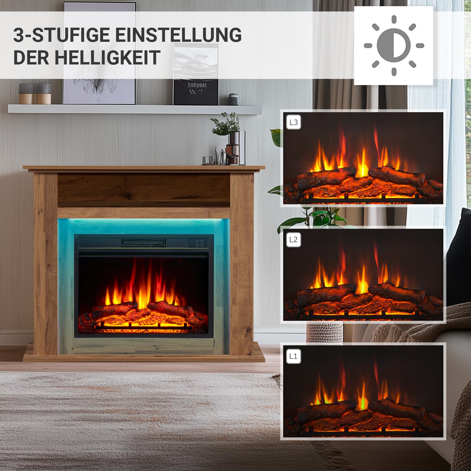 Camino elettrico BALDERIA Liora - Caminetto elettrico con vano portaoggetti, effetto fiamma 3D, illuminazione d'ambiente a LED, riscaldamento 2000W, timer, termostato, telecomando - rovere scuro