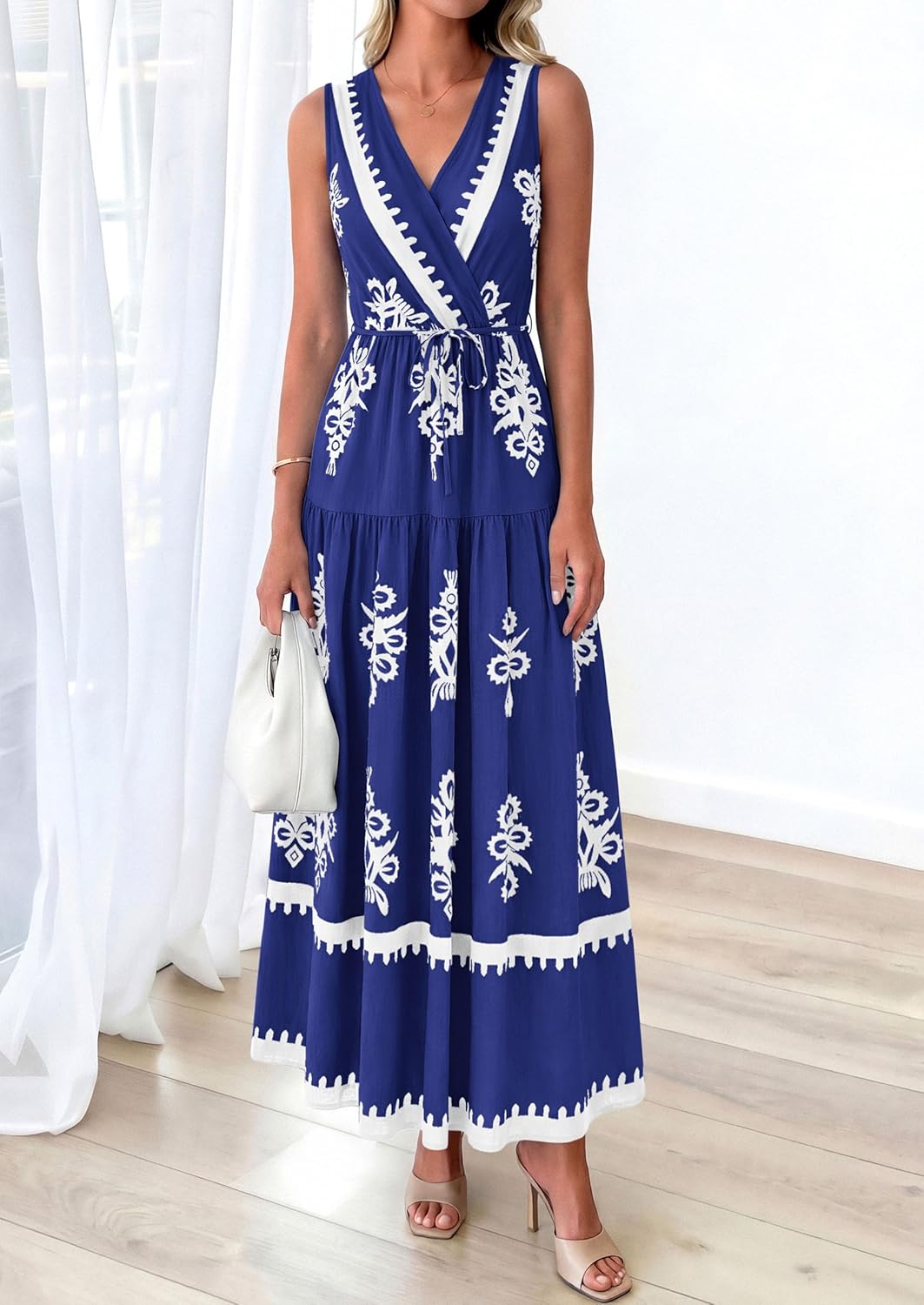 PRETTYGARDEN Womens Floral Maxi Dress 2026 Sleeveless Vneck Belt Ruffle Long Dresses Boho Summer Beach Vacation Clothes