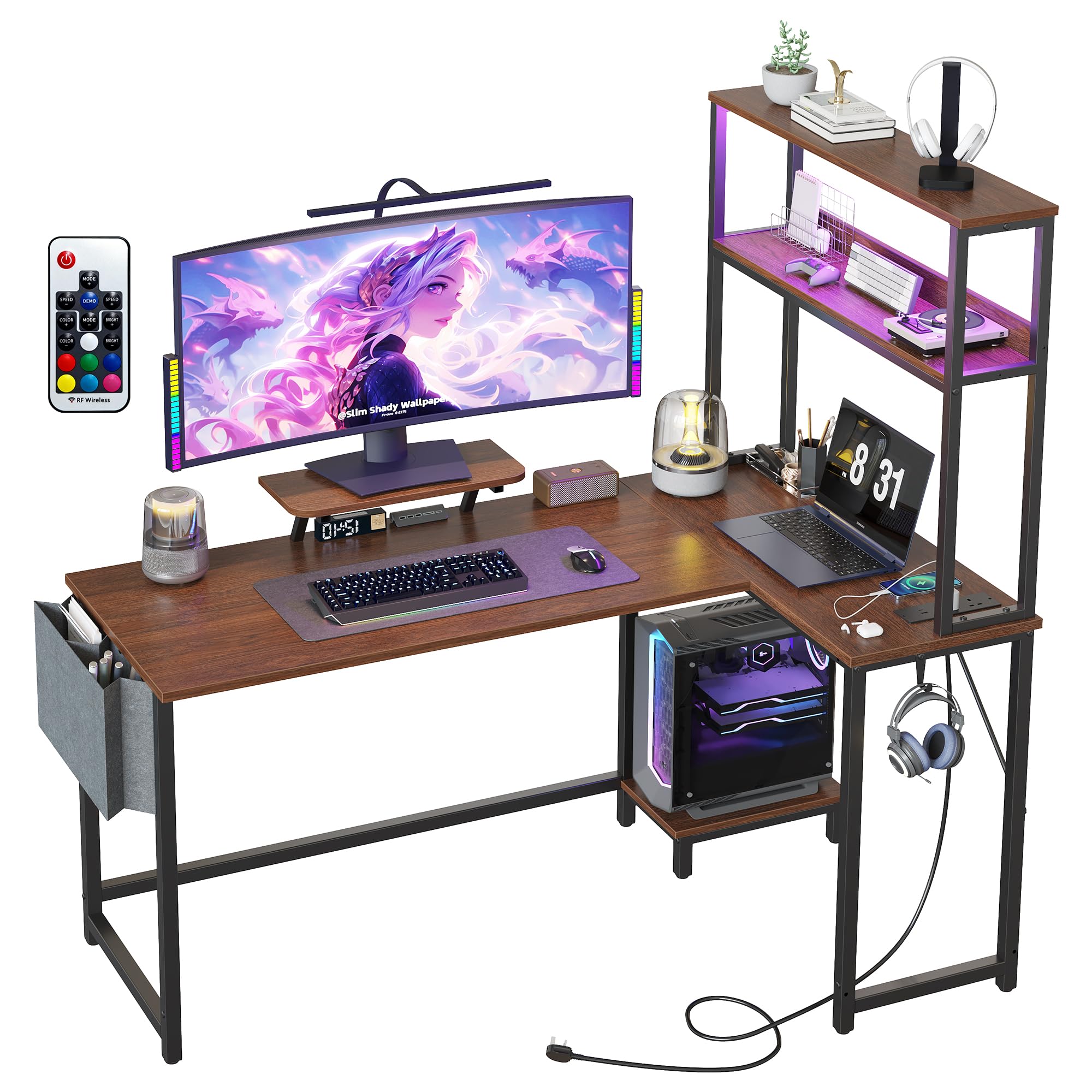 Bureau d'Angle Avec Rangement, 124x92x152cm Bureau Gaming En l Avec LED, Table Ordinateur Avec Prise Intégrée & Port USB, Table Gamer Avec Tiroir, Sac De Rangement Et Support d'Ecran, marron