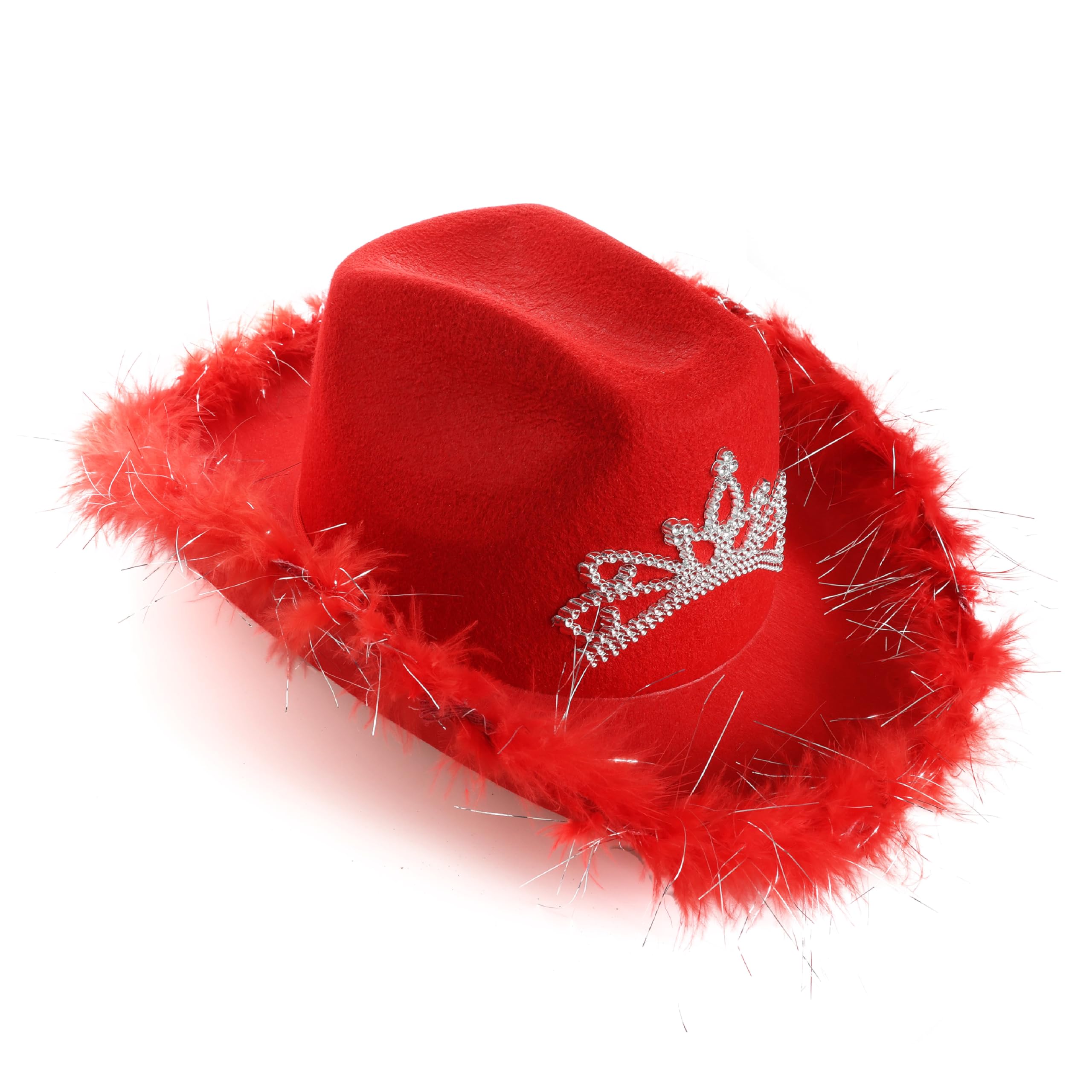 Red Tiara Cowgirl Hats - Pack of 6 - Red Cowgirl Hat with Marabou Trim and Tiara Decoration - Adults Festival Music Fancy Dress Accessory
