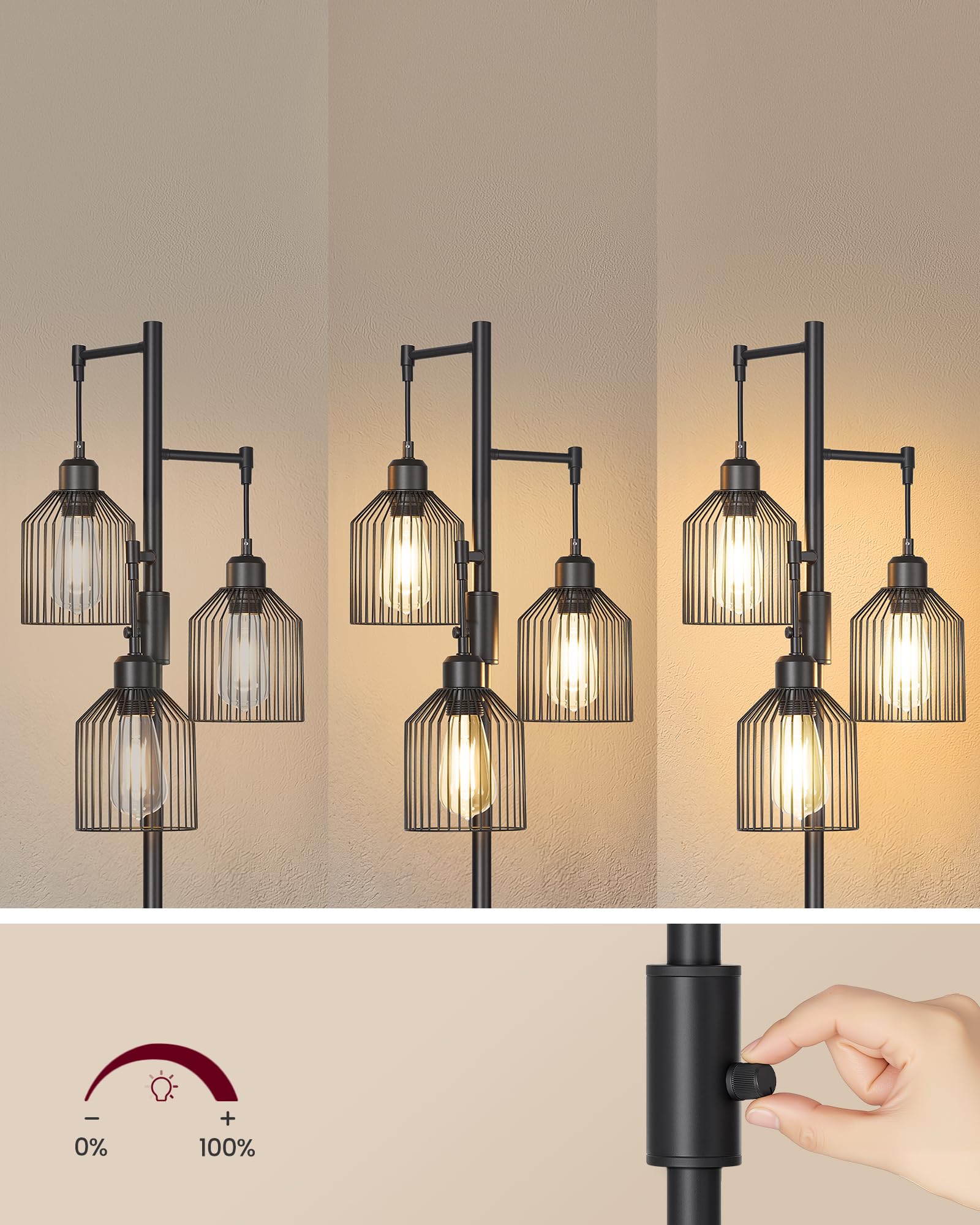 Lampa podłogowa VASAGLE, lampa stojąca, lampa podłogowa z 3 źródłami światła, regulowana jasność, klosz metalowy, 3 gniazda E27, nowoczesna, atramentowa czerń LFL013BD02