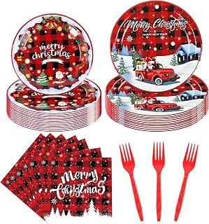 JMOCD 48 PCS Red and Black Plaid Party Supplies Christmas Paper Dinnerware Set Black and Red Plaid Plates Napkins Forks for Christmas Party Supplies, Kids Christmas Holiday Dessert Dinner Set.
