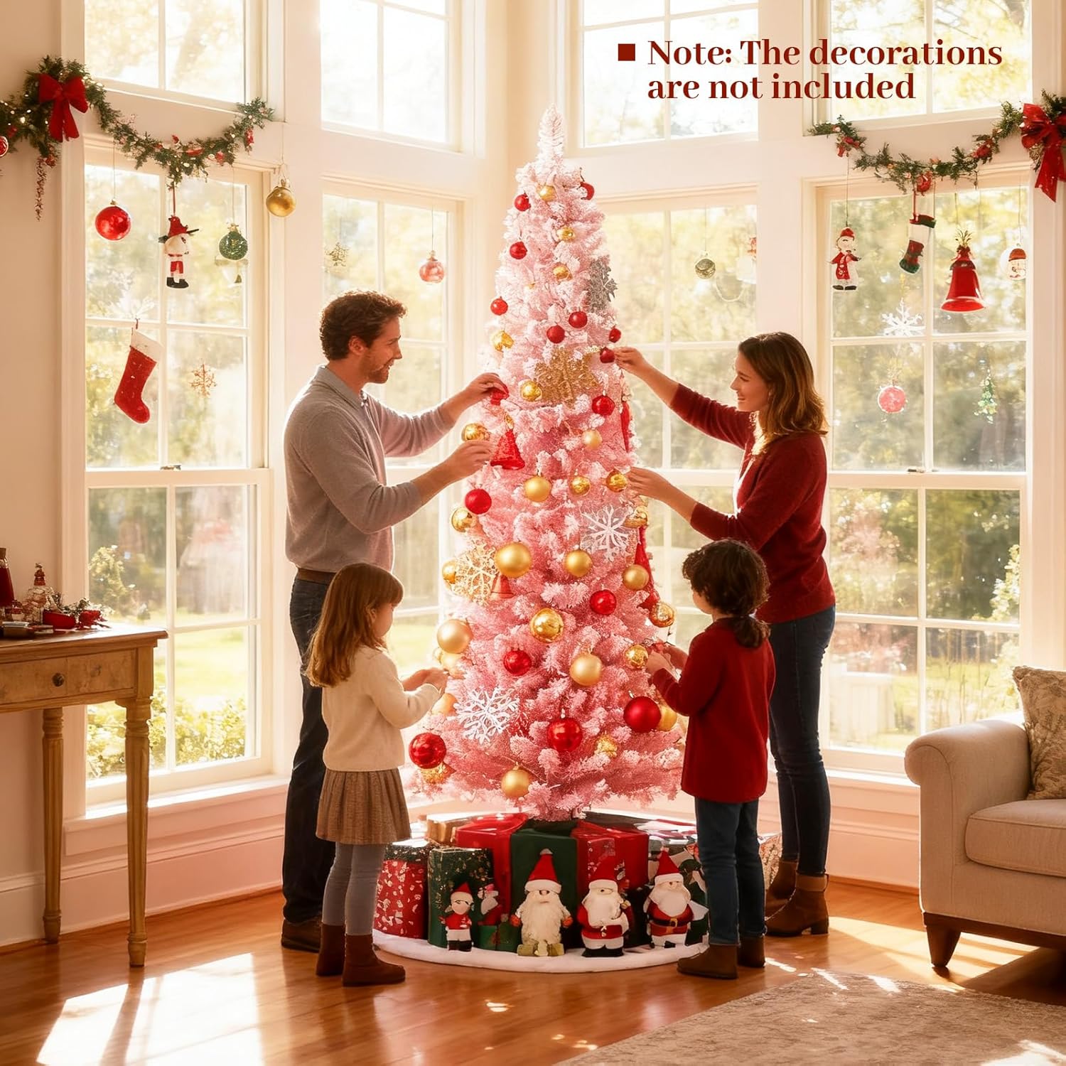 Goplus 7ft Pink Slim Pencil Christmas Tree, Pre-lit Snow Flocked Artificial Skinny Xmas Tree with 180 Warm White LED Lights, 8 Lighting Modes, 527 Branch Tips & Metal Stand, Home Office Decoration