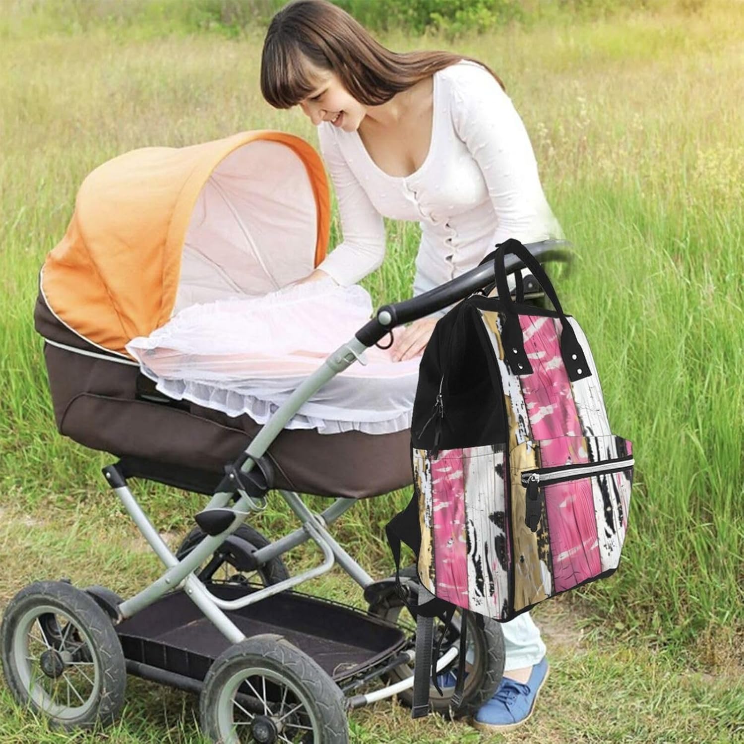 Rodeo Glam Pink Zebra Print Diaper Bag Backpack For Baby Girls, Mom Waterproof Large Nappy Bags For Women