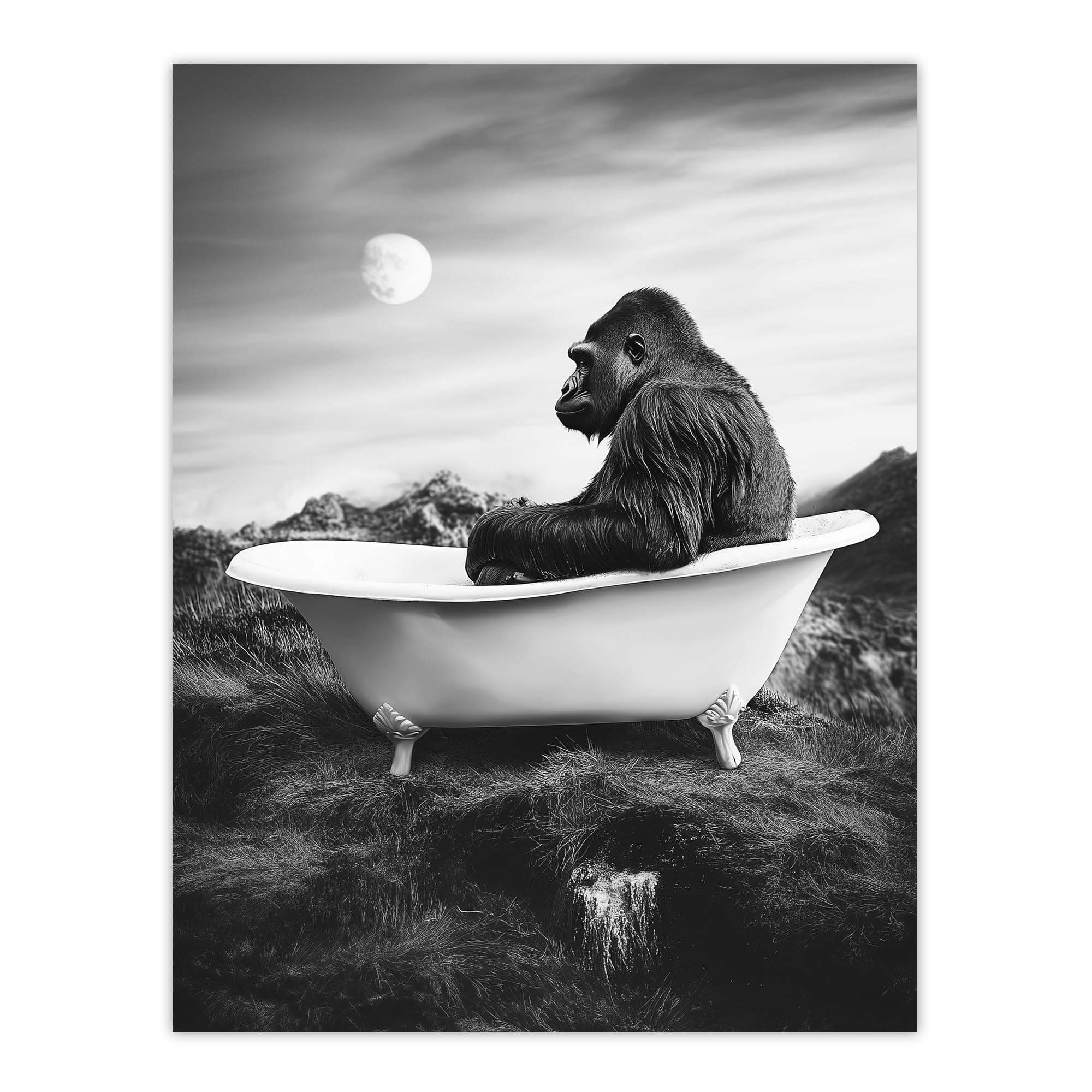 Artery8 Gorilla Ape in Bathtub Black White Valley Surreal Living Room Extra Large XL Wall Art Poster Print
