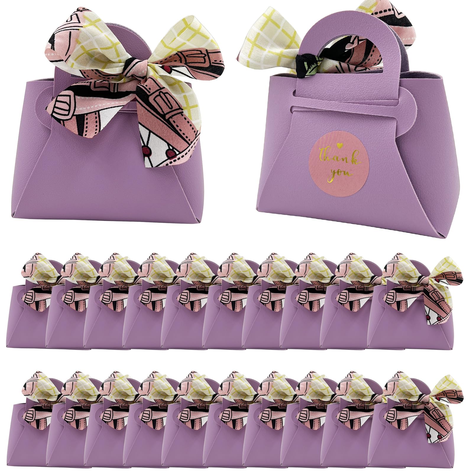 DUGYIRS 20 Pieces PU Leather Gift Bags with Satin Ribbon,Reusable Gift Boxes for Weddings,Birthday,Baby Showers,Candy(Bright Purple)