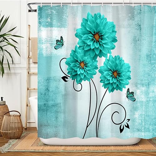 Miniatura 8 de Cortina de ducha con diseño floral, flores de dalia amarillas y mariposas, cortinas de ducha para baño, juego de cortina de ducha rústica con