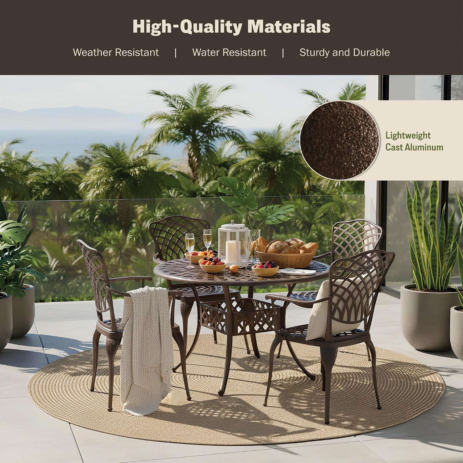 Outdoor Patio Dining Set 5 Pieces Round Table Cast Aluminium Patio Furniture Set 4 Chairs and 41” x 41” Umbrella Hole Table for Yard, Garden, Porch and Poolside Bronze