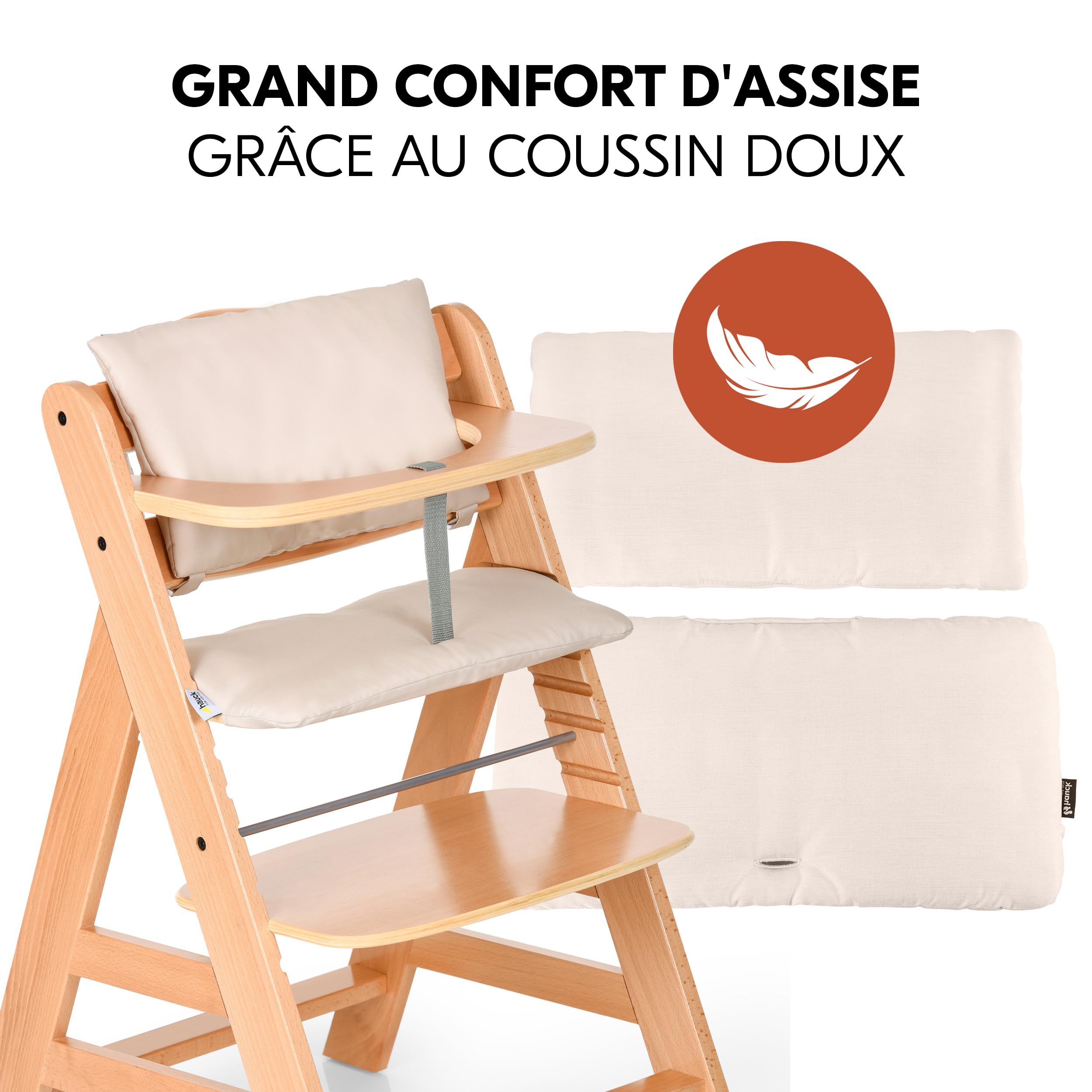 hauck Chaise Haute Bébé Alpha+ avec Siège Nouveau-né Deluxe - Natural | Chaise haute évolutive en bois, de la naissance à 90 kg, inclus assise avec arche éveil bébé, coussin, idéal pour repas
