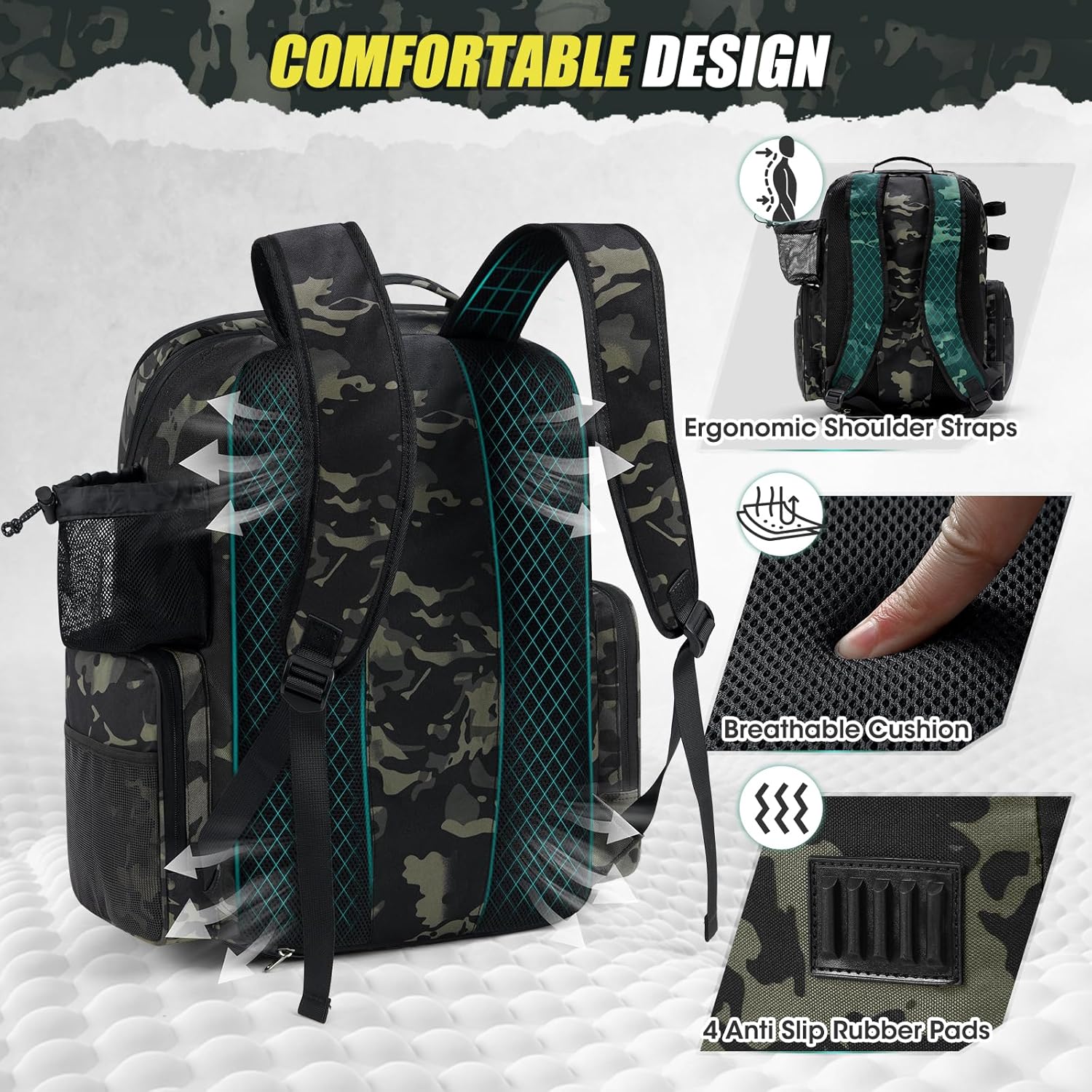 RAINSMORE 45L Fishing Backpack with Rod Holders & Rain Cover Large 900D Water-resistant Fishing Tackle Bag Store Fishing Gear