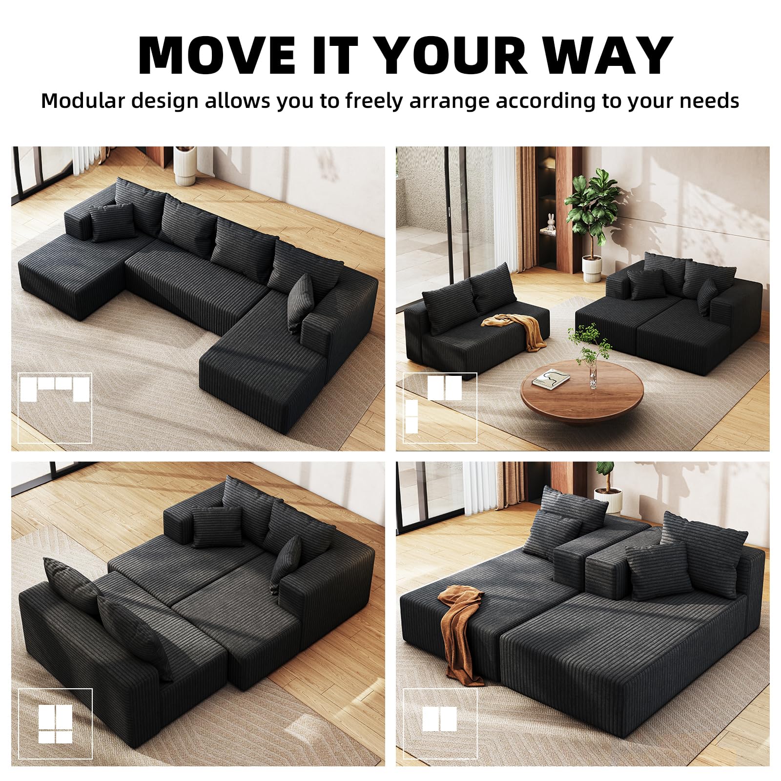 132" U Shaped Modular Boneless Sectional Couch, Corduroy Cloud Sofa | Oversized Sofa with Chaise, No Assembly Required, for Living Room, Black