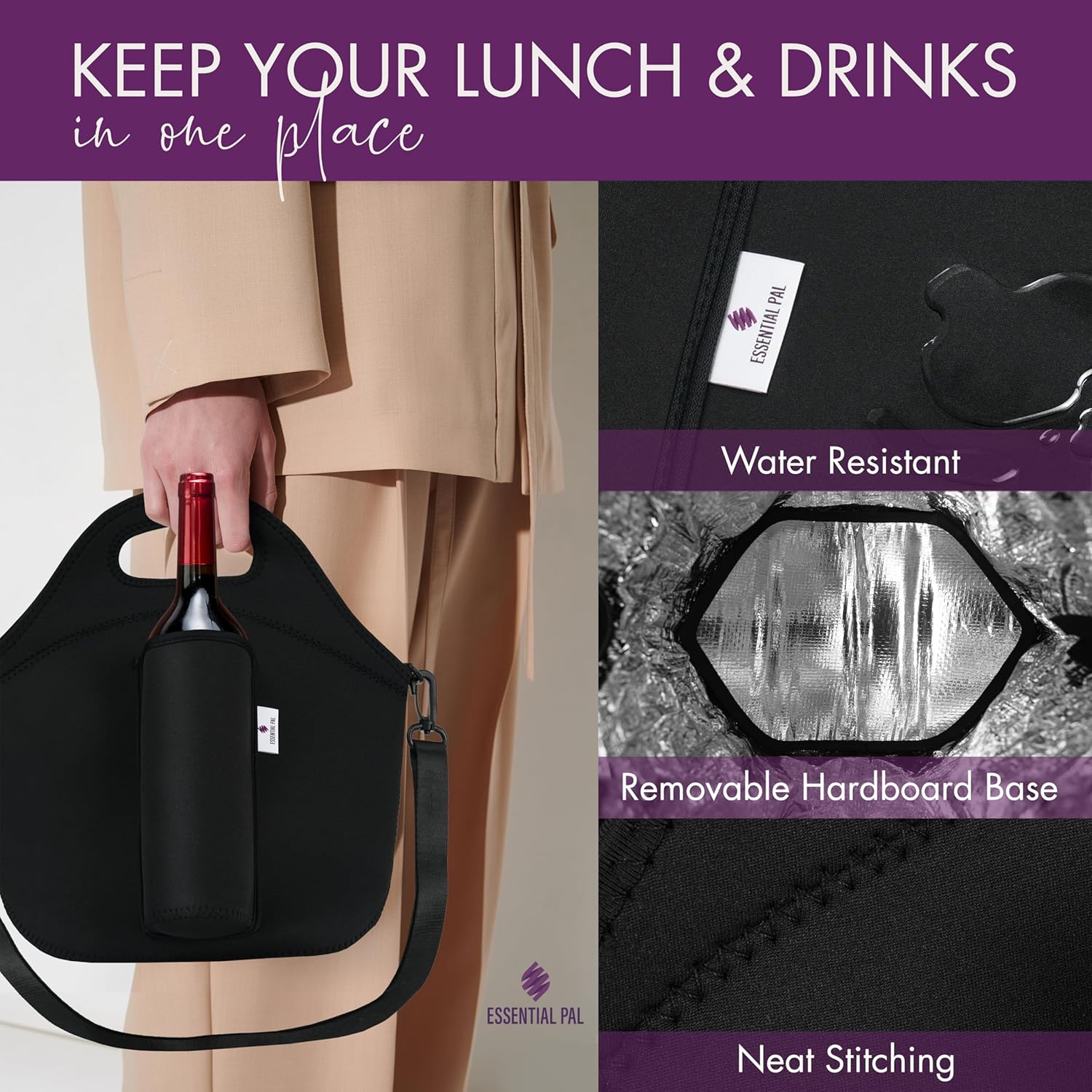 Insulated Lunch Bag Tote with Patented Integrated Bottle Holder – Neoprene Lunch Bag for Work, Travel & Picnics, Leak-Resistant, Easy-Clean Wipeable Lining, Reusable Lunch Tote & Removable Strap - Image 5