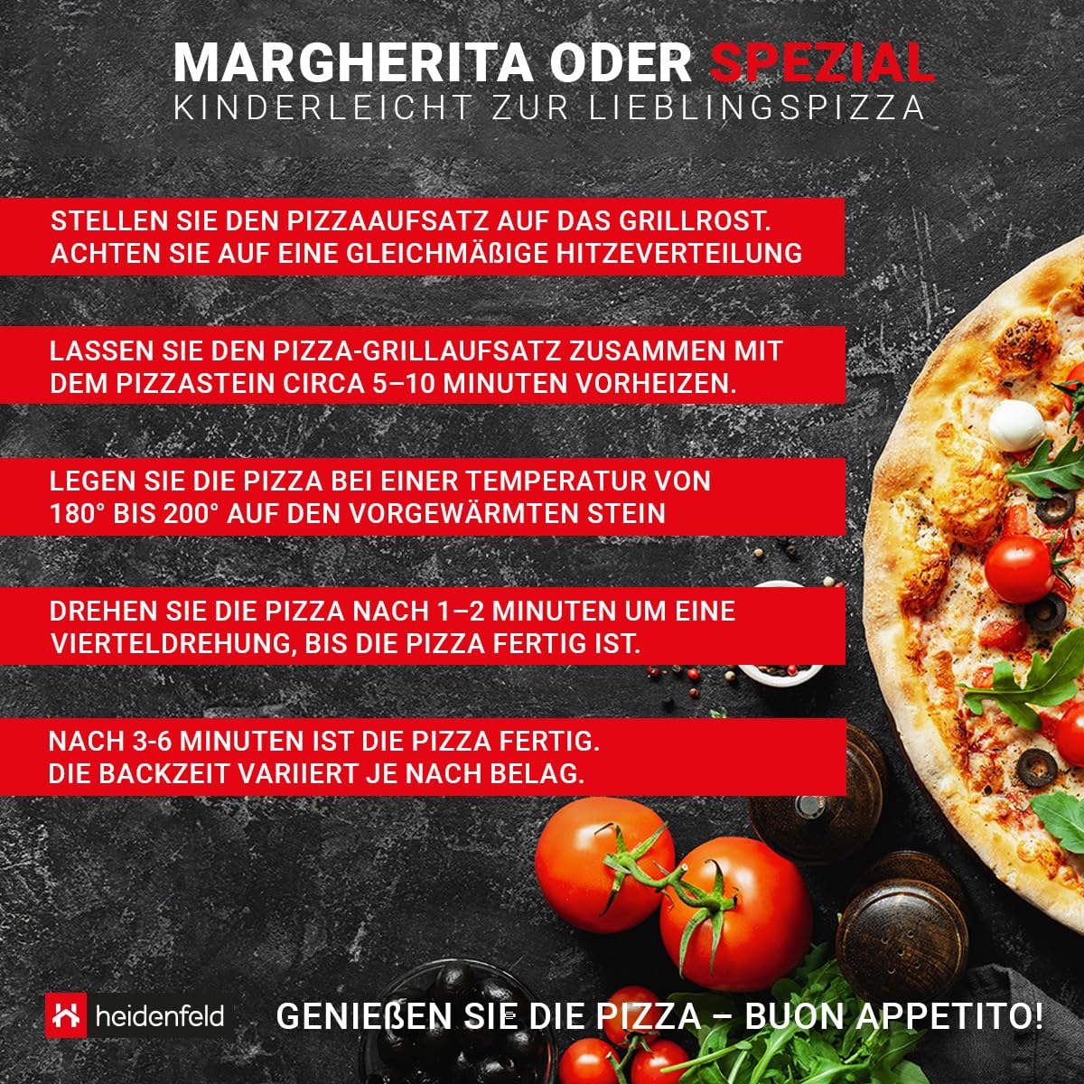 Heidenfeld Pizzaaufsatz Roma | Grillaufsatz - Pizzamaker - Edelstahl - 315°C - Thermometer inklusive - Pizzabox - integrierter Pizzastein - für Holzkohlegrill und Gasgrill - Pizza Maker