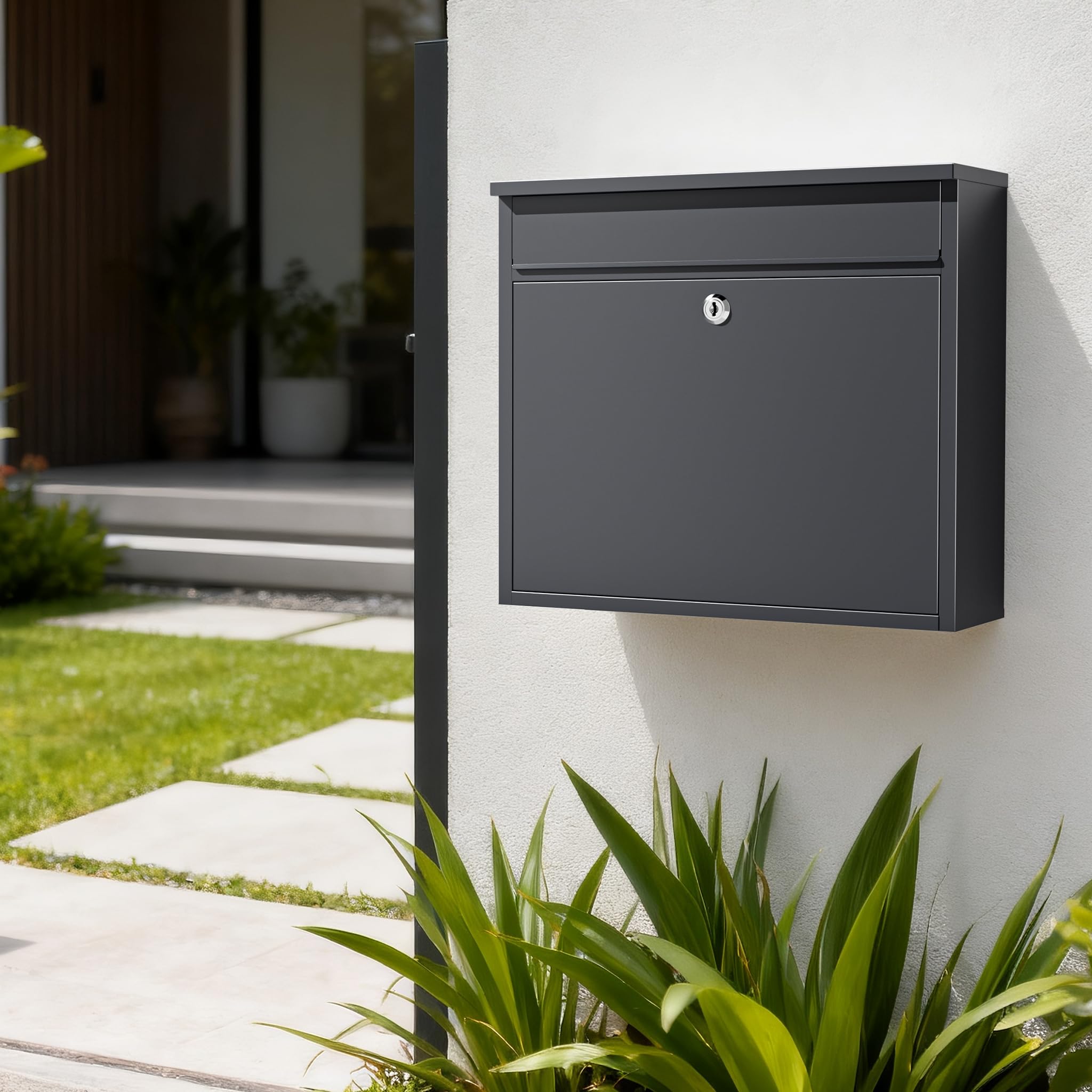 Wiltec Briefkasten V13 Anthrazit 360 x 105 x 315 mm, Wandbriefkasten mit Schloss und Klappe, Postkasten aus Stahl pulverbeschichtet