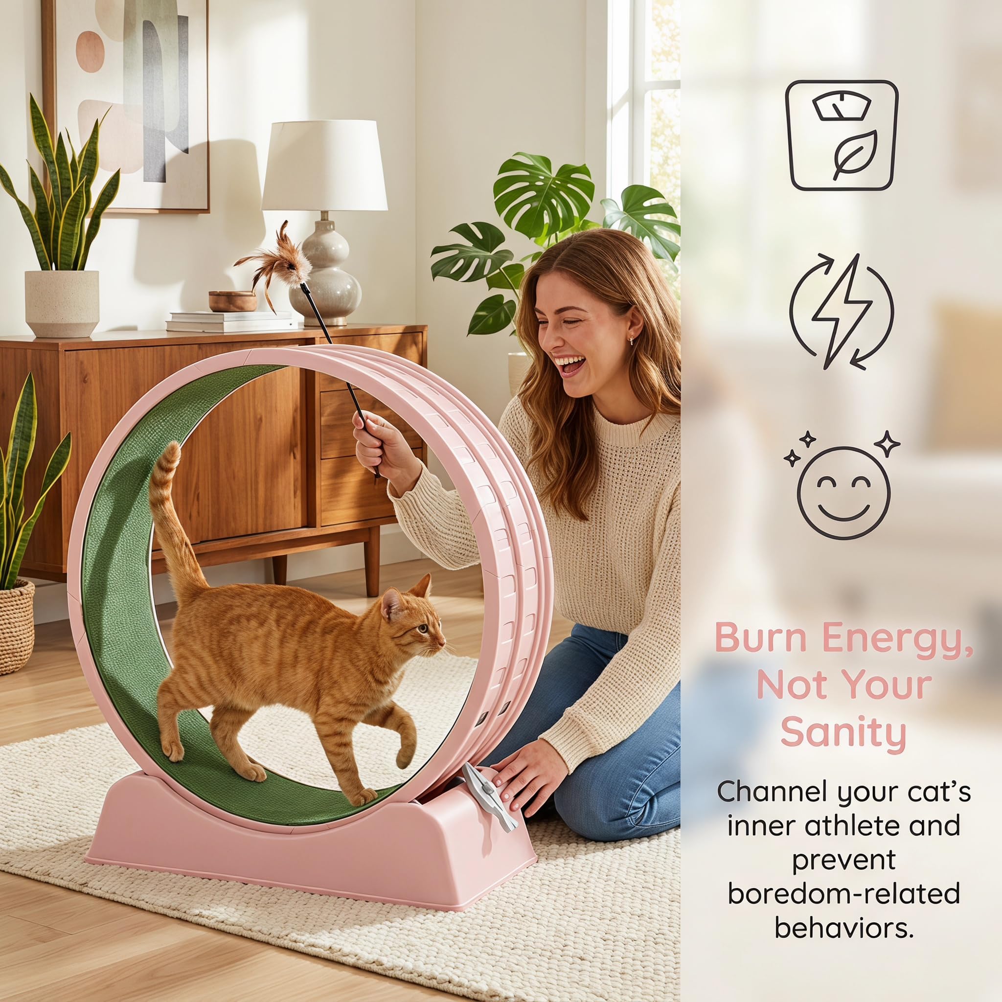 Trygoal 31.5" Cat Exercise Wheel for Indoor Cats, Silent Cat Treadmill with Safety Lock, Running Wheel with Removable Scratch Pad & Teaser Toy for Cat Fitness and Play, Pink view 5