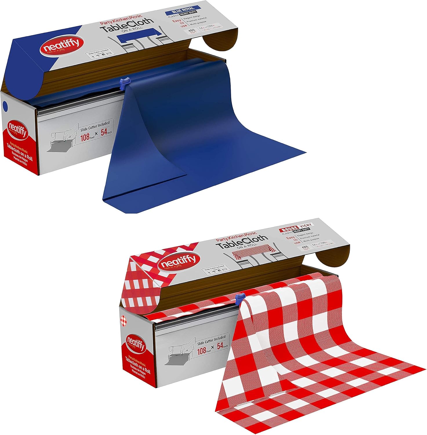 Neatiffy Disposable Plastic Table Cloth Roll | 54 in x 108 Ft | Table Cover for Rectangle, Square, Round Oval Tables | Picnic, Party, Banquet, Birthdays, Weddings- Blue, Red Checkered