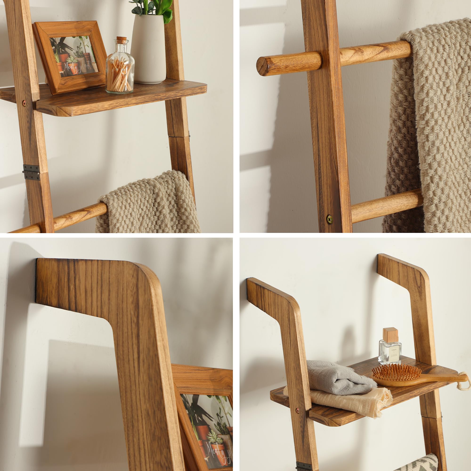 ZUNTO 5-stufige Handtuchleiter Holz mit Ablage & Haken - Vintage Handtuchhalter Leiter mit Regal für Bad, Wohnzimmer und Schlafzimmer - Deko-Leiter für Handtücher, Decken und Deko, Braun