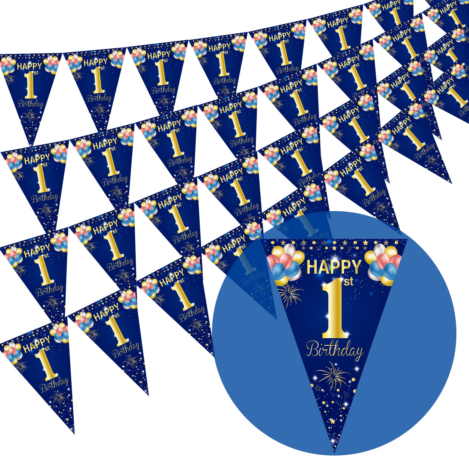 1th Birthday Bunting, Happy Bunting Flags, 40 Pieces Triangle Blue Gold Glitter by Numbers 1st Birthday Anniversary Theme Party Decoration Supplies