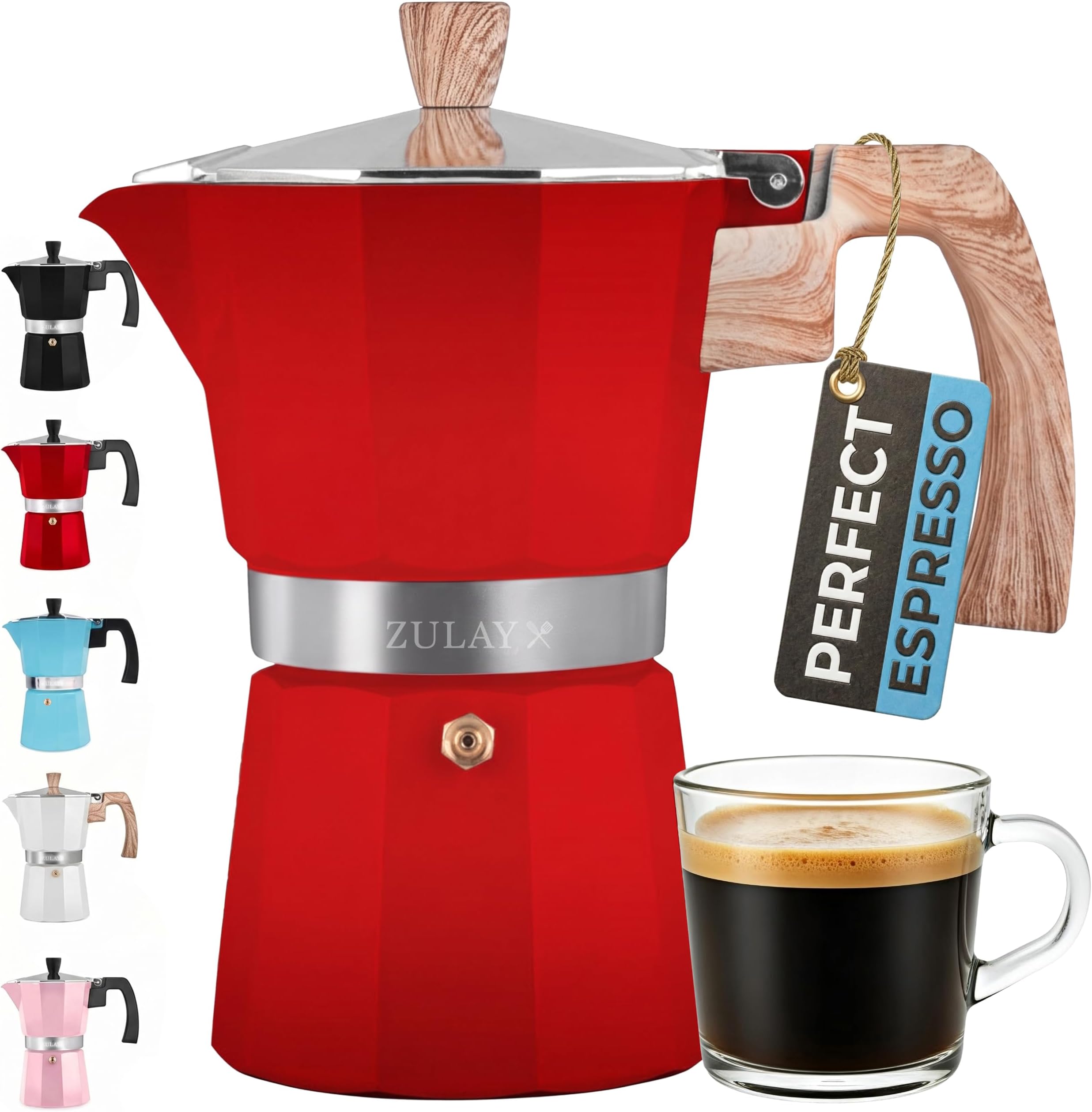 Zulay Kitchen Classic Italian Style 5.5 Espresso Cup Moka Pot, Classic Stovetop Espresso Maker for Great Flavored Strong Espresso, Makes Delicious Coffee, Easy to Operate & Quick Cleanup Pot (Red)
