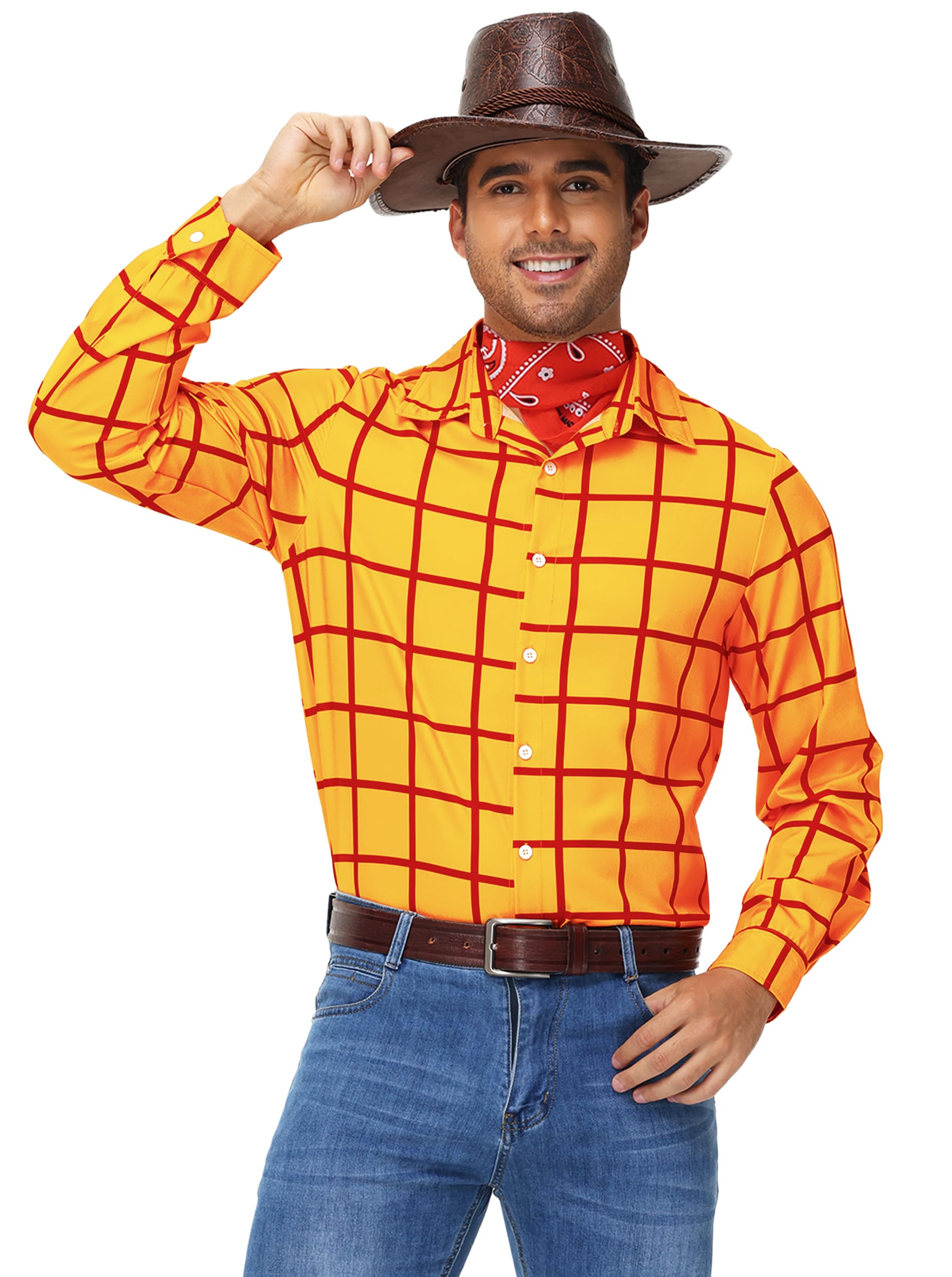 Arankhiger Mens Cowboy Costume Plaid Button Shirt Halloween Cosplay Outfits L Yellow
