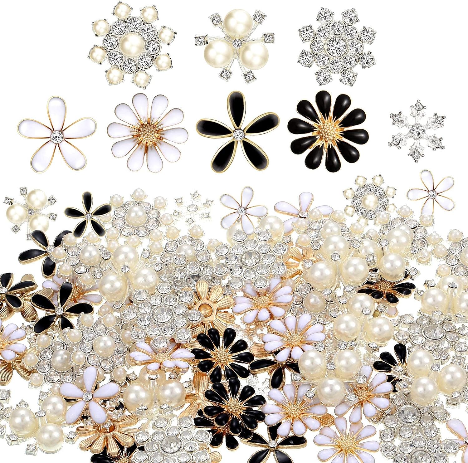 80 Pieces Rhinestone Buttons Embellishments Buttons Faux Pearl Buttons Flat Back Flower Rhinestone Buttons for Jewelry Making DIY Craft Wedding Party Home Decoration Hair Accessory (Classic Style)