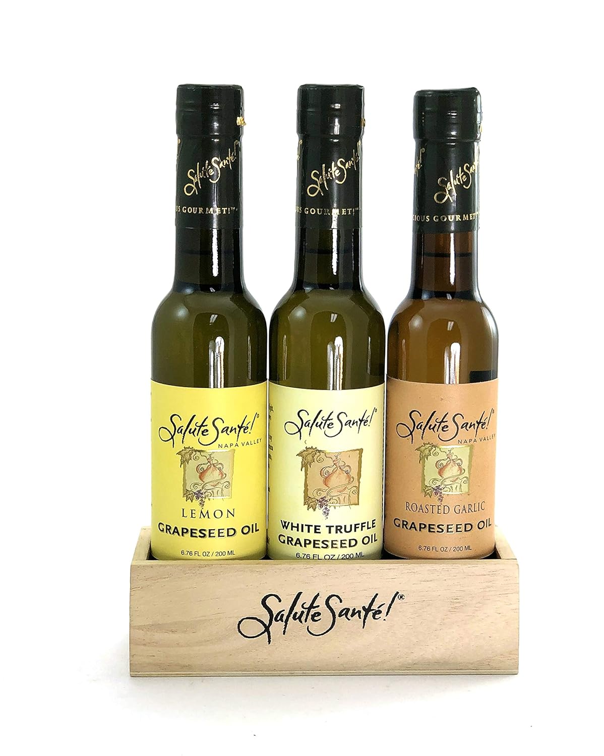 Salute Santé! Infused Grapeseed Oil Gift Set – 3 Pack of 200ml Bottles Roasted Garlic, White Truffle, Lemon – Gourmet Healthy antioxidant Cooking Oils for Dipping, Marinades, Finishing & Salads – Vegan, Non-GMO