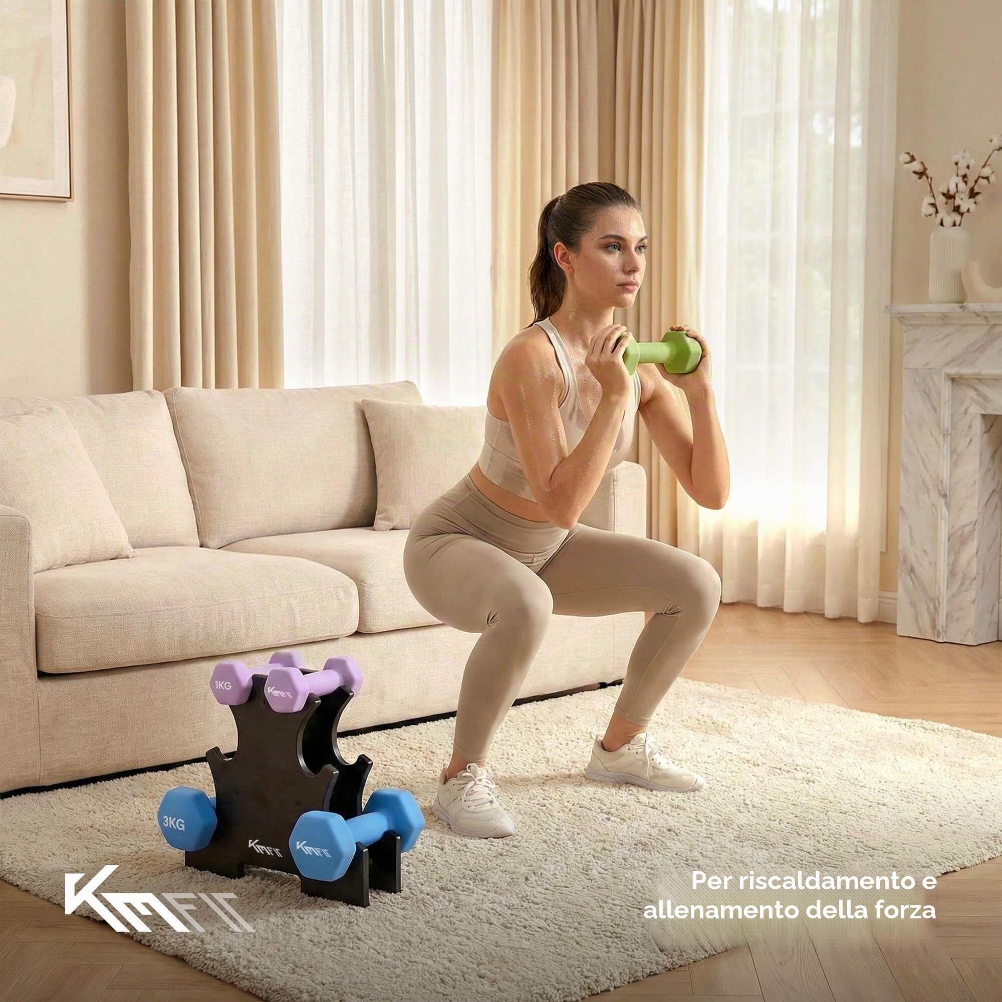 KM-Fit Set manubri 12 kg con supporto | Manubri in neoprene 1–3 kg | Impugnatura ergonomica in ghisa antiscivolo | Antirotolamento | Fitness & allenamento forza a casa