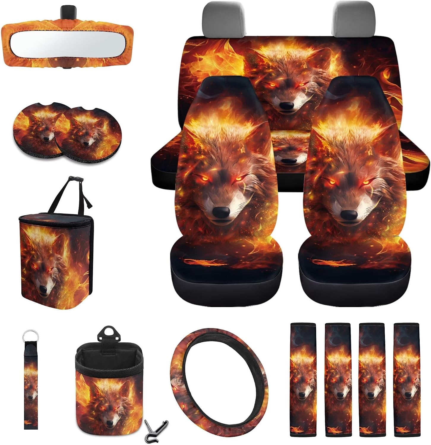 Wolf Fire Flame Print 15 Pack Car Seat Cover Set with Seatbelt Strap Pad Steering Wheel Covers Air Vent Storage Holder Coasters Trash Cans Rear View Mirror Cover Keychain