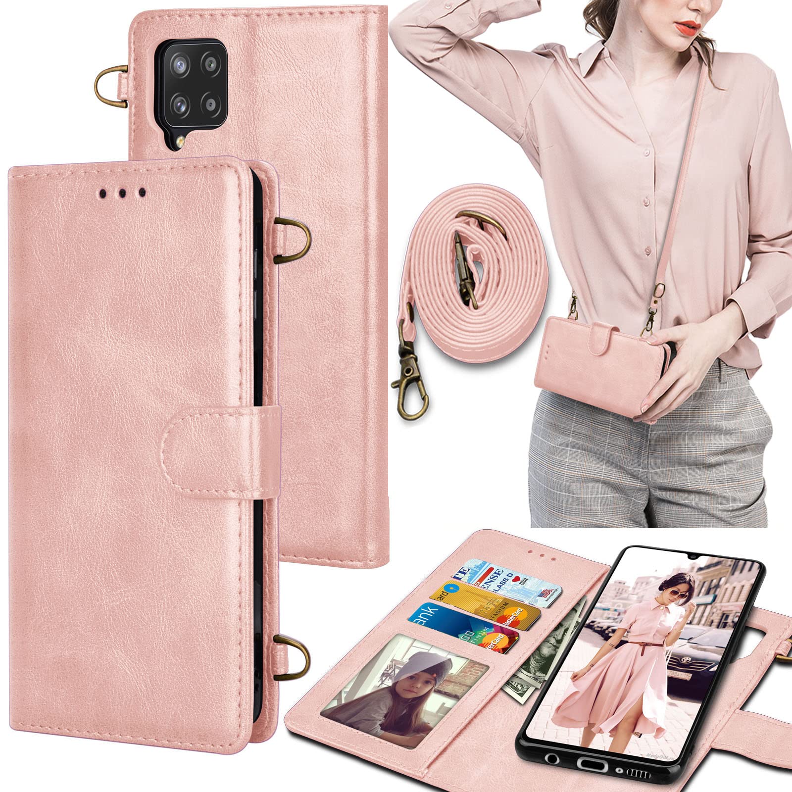 Tekcoo Galaxy A42 5G Wallet Case, Crossbody Shoulder Carrying Purse Cover with RFID Blocking Card Slots Holder Flip PU Leather [Detachable Magnetic Hard Case] for Samsung Galaxy A42 5G [Rose Gold]