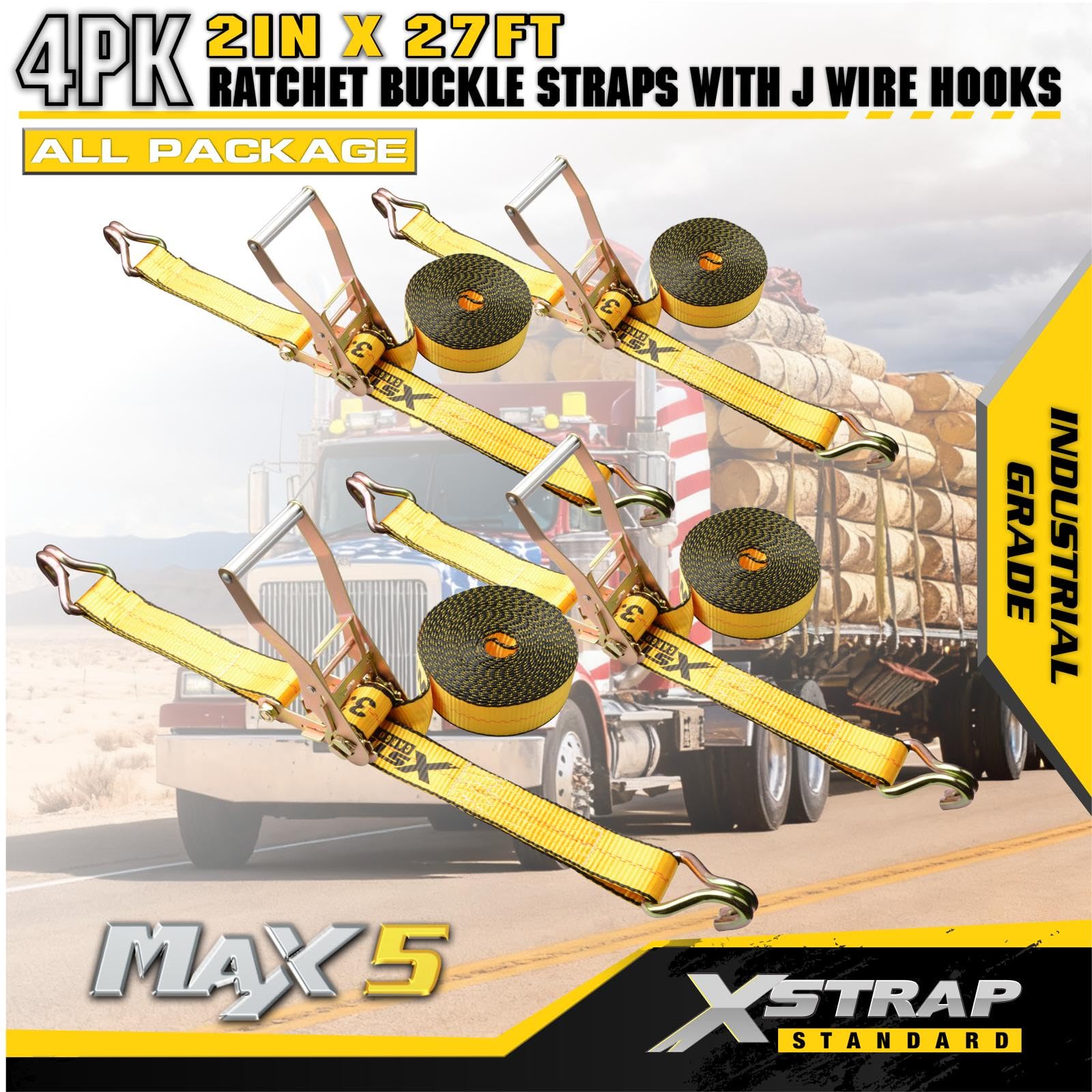 XSTRAP STANDARD Confezione da 4 cinghie industriali da 5,1 cm x 27 ', cinghie a cricchetto resistenti con doppi ganci a J, carico di lavoro 1511,8 kg, resistenza alla rottura 4.535,9 kg, cinghie da