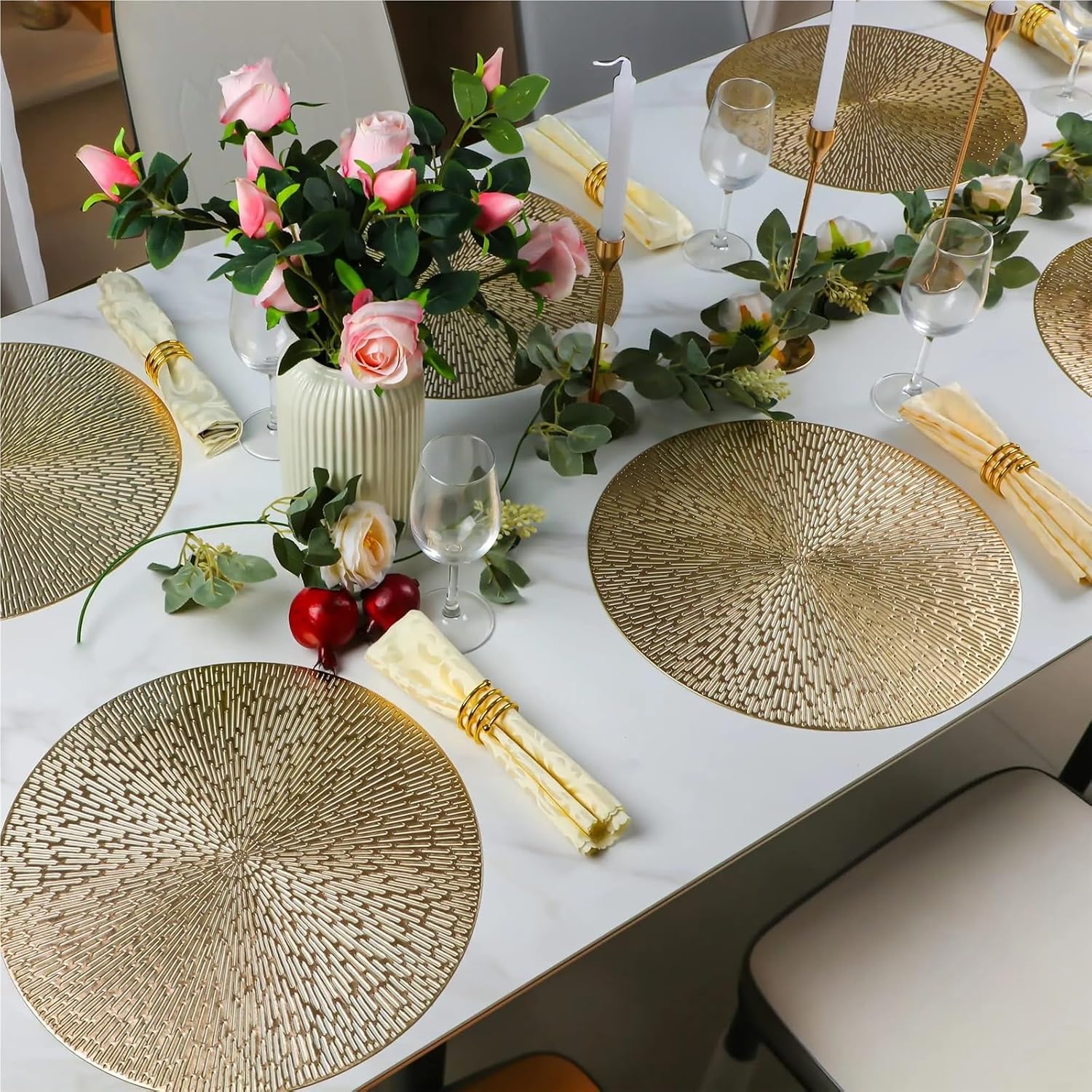 Round Placemats Gold Metallic Set of 6 Vinyl Placemats 15in,Easy Clean Wipeable Non-Slip Stain Heat Resistant Table Place Mats(Rose Gold)